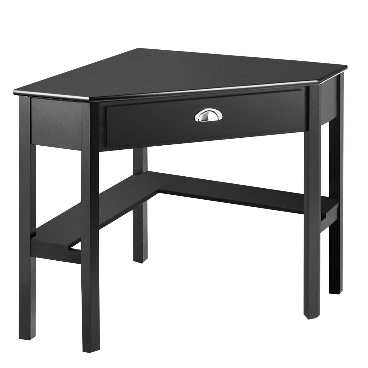 Tangkula Corner Desk with Drawer & Storage Shelves - 90° Triangle Computer Desk for Small Spaces, Home Office & Makeup Vanity | Compact Workspace Solution for Apartments, Dorms & Bedrooms