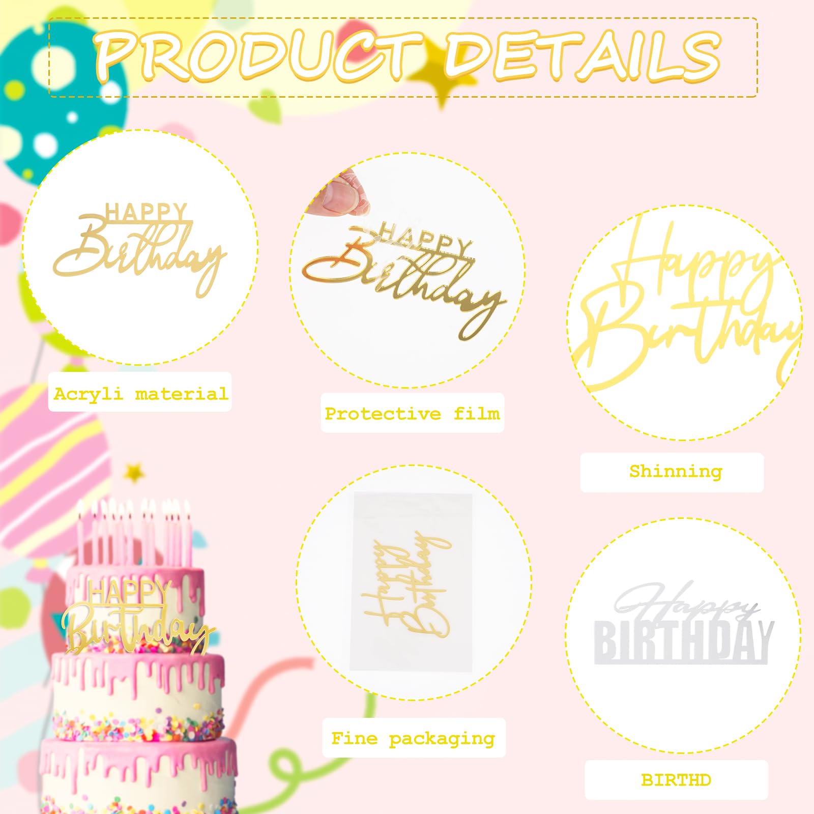 6PCS Happy Birthday Cake Toppers Set - Acrylic Mirror Glitter Cake Decorations for DIY Birthday Cakes, Party Supplies - Perfect for Birthday Parties, Baby Showers & Wedding Celebrations