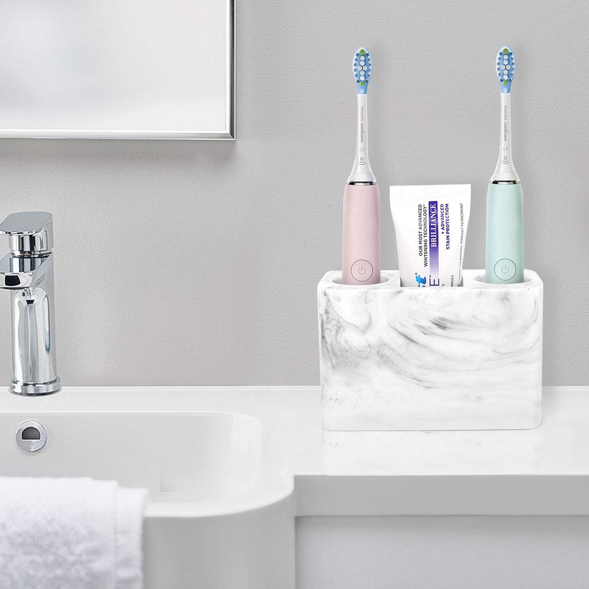 Luxspire Electric Toothbrush Holder with 3 Slots - Large Marble Toothbrush & Toothpaste Stand - Resin Bathroom Organizer for Vanity Counter & Sink - Ink White - Perfect for Modern Bathrooms & Spa-Style Decor