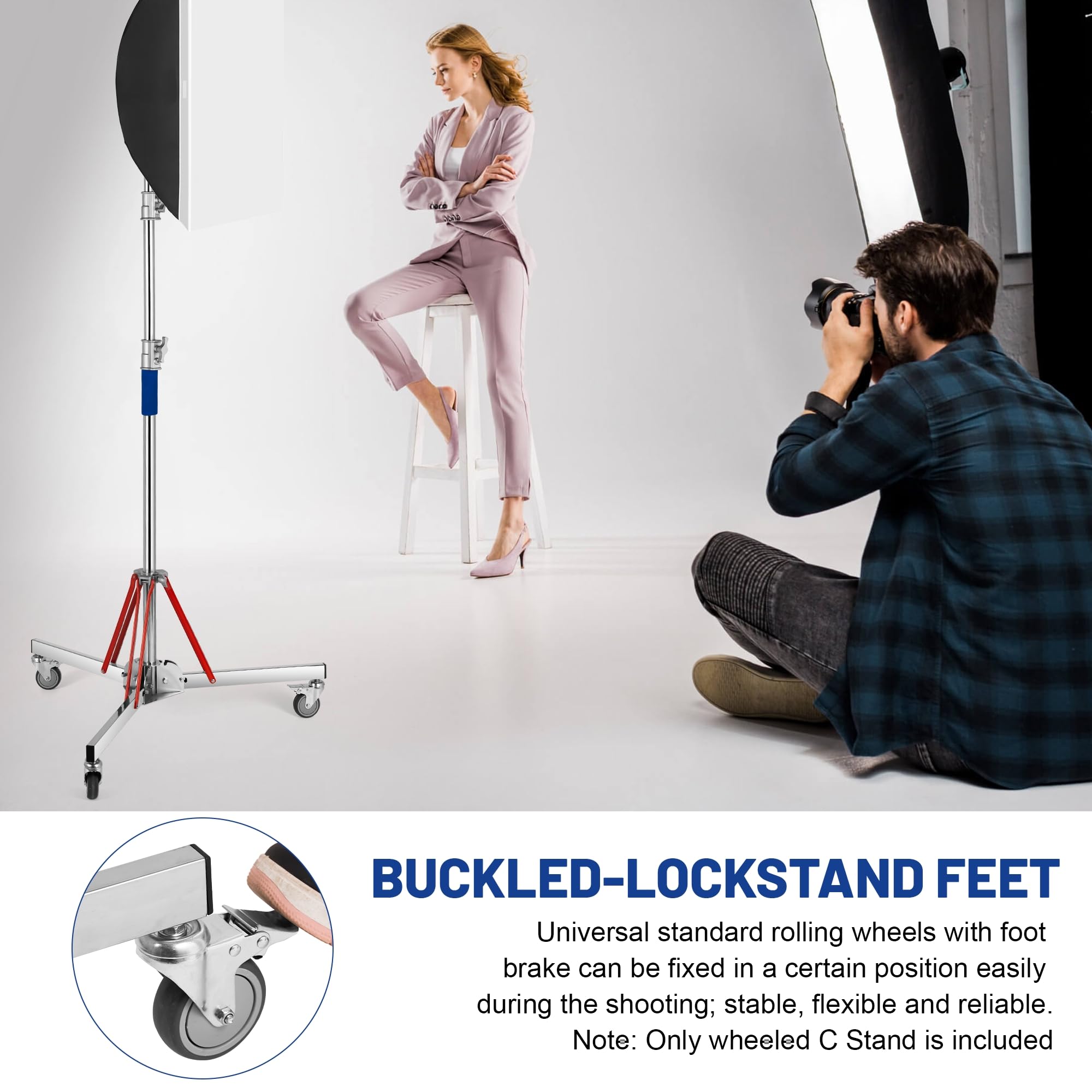 Heavy Duty Adjustable C Stand with Wheels - 10ft/305cm Stainless Steel Photography Light Stand for Studio Monolight, Softbox & Reflector - Perfect for Photo Studios, Film Sets & Video Production