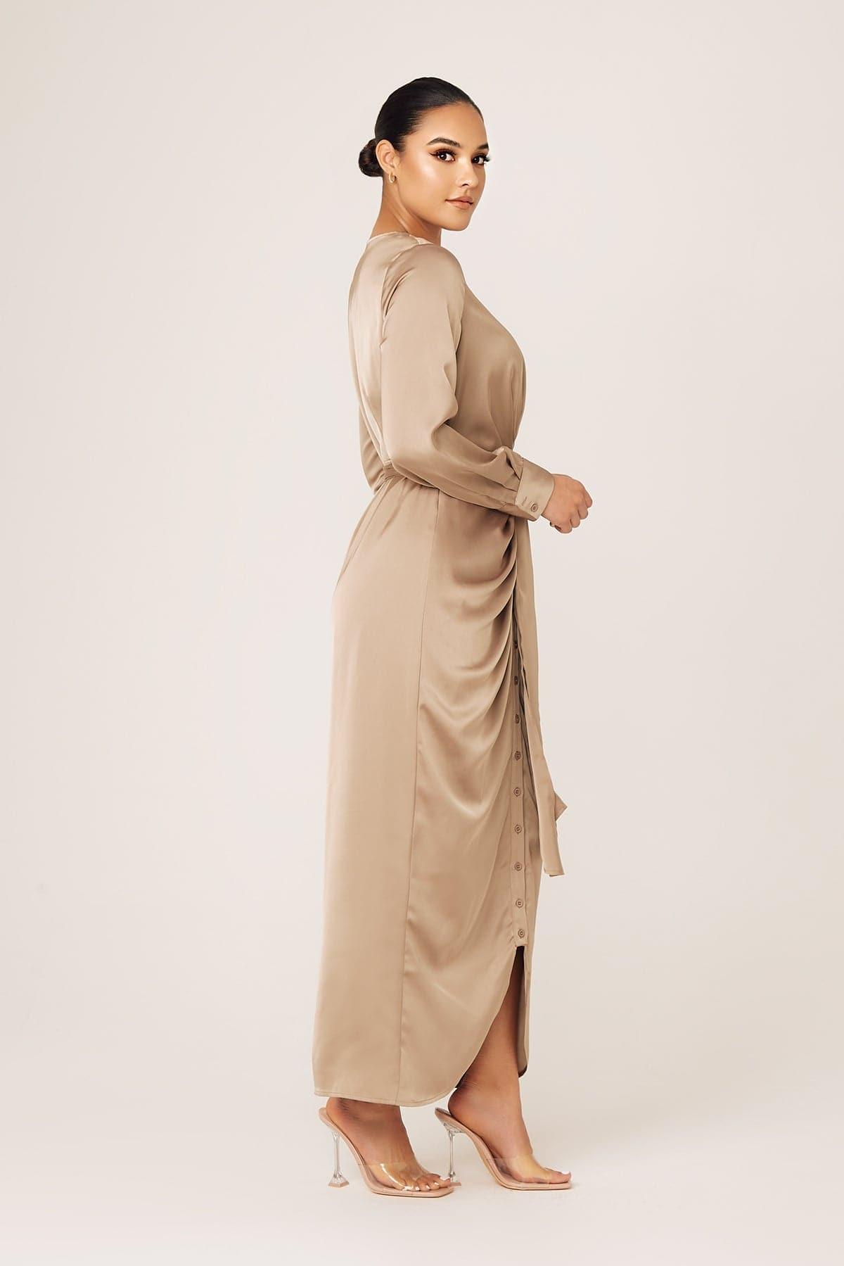 Thalia Ruched Tie Maxi Dress in Sand Dune - Elegant Summer Beach Wedding Guest Dress for Women