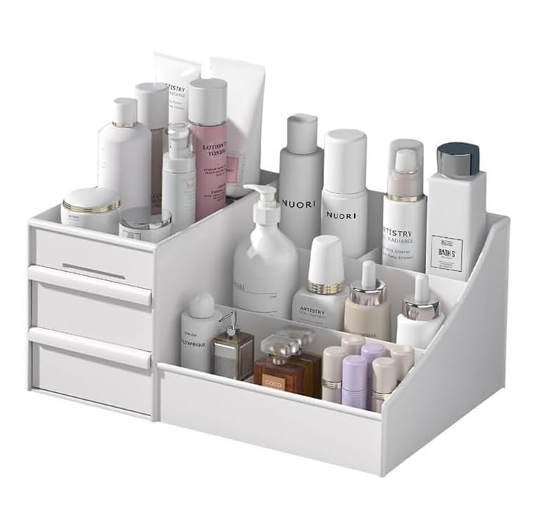 INOVERA 3-Tier Makeup Organizer with Drawers | White Cosmetic Storage Case for Countertop | Vanity Organizer for Lipstick, Brushes & Skincare | Perfect for Bedroom, Bathroom & Dressing Table