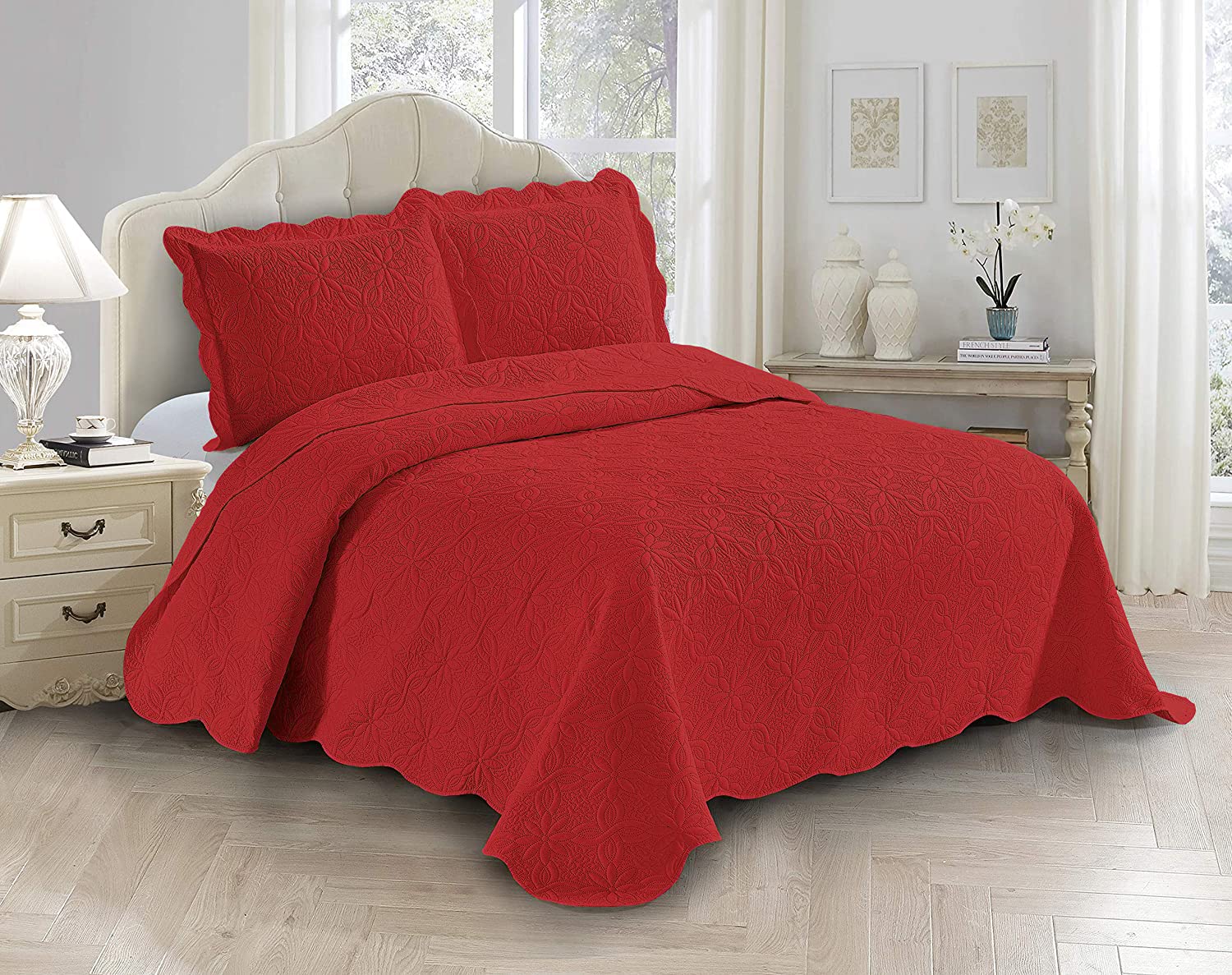 Luxury 3-Piece Embossed Linen Bedspread Set - King/California King Size, Solid Red with Floral Daisy Pattern - Perfect for Master Bedroom, Guest Room & Hotel Decor
