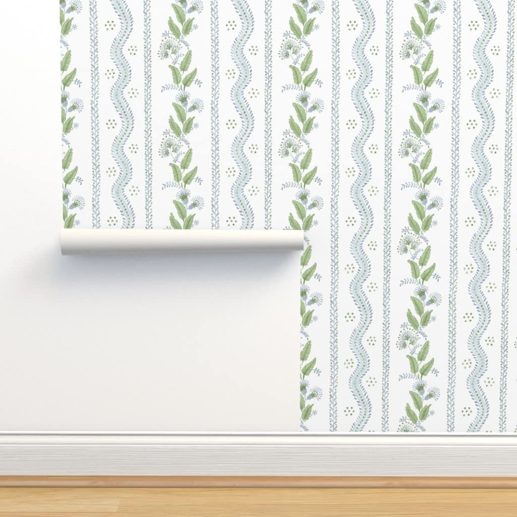 Peel & Stick Removable Wallpaper 3ft x 2ft - Soft Blue Green White Stripes with Floral Dots | Traditional Custom Wall Decal for Bedroom, Nursery & Home Office Decor