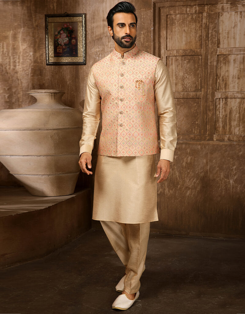 Beige Embroidered Banarasi Silk Kurta with Aligadhi Pant - Elegant Indian Ethnic Wear for Weddings & Festivals