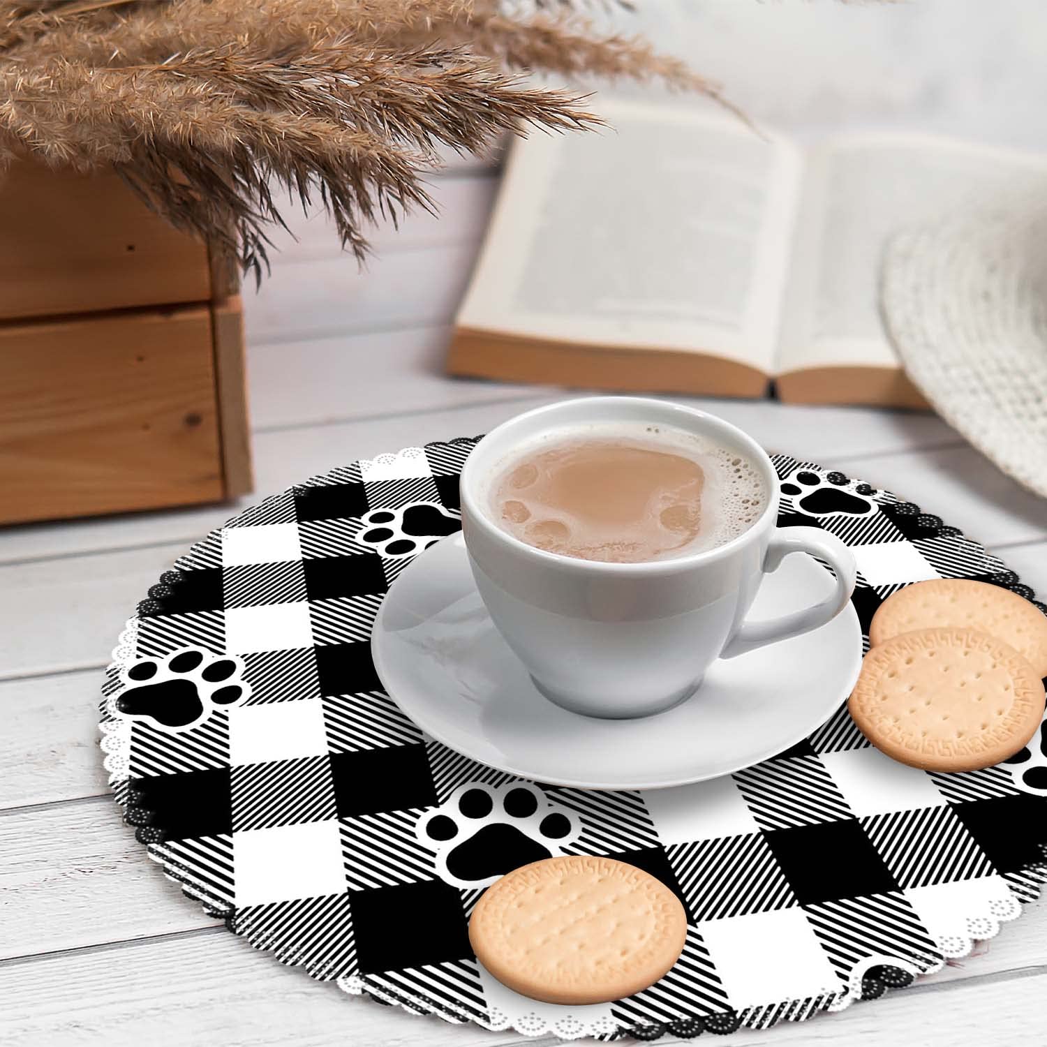 Round Washable Polyester Placemats Set of 4 - Heat Resistant Kitchen Table Mats with Black and White Plaid Dog Paw Design for Dining Room Decor | Perfect for Family Dinners, Pet-Friendly Homes, and Holiday Gatherings