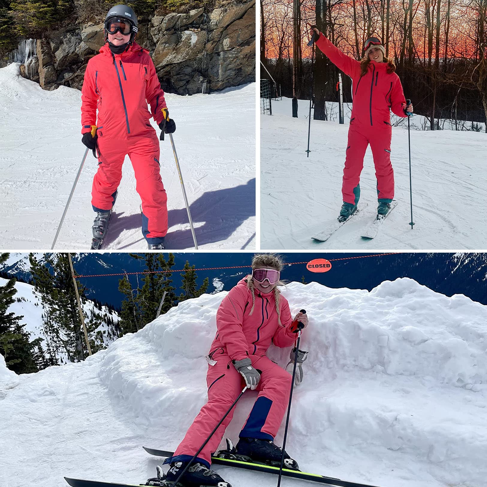 Women's One Piece Ski Suit - Windproof & Waterproof Snowsuit with Detachable Hood - Warm & Breathable Winter Jumpsuit for Skiing, Snowboarding & Outdoor Snow Sports