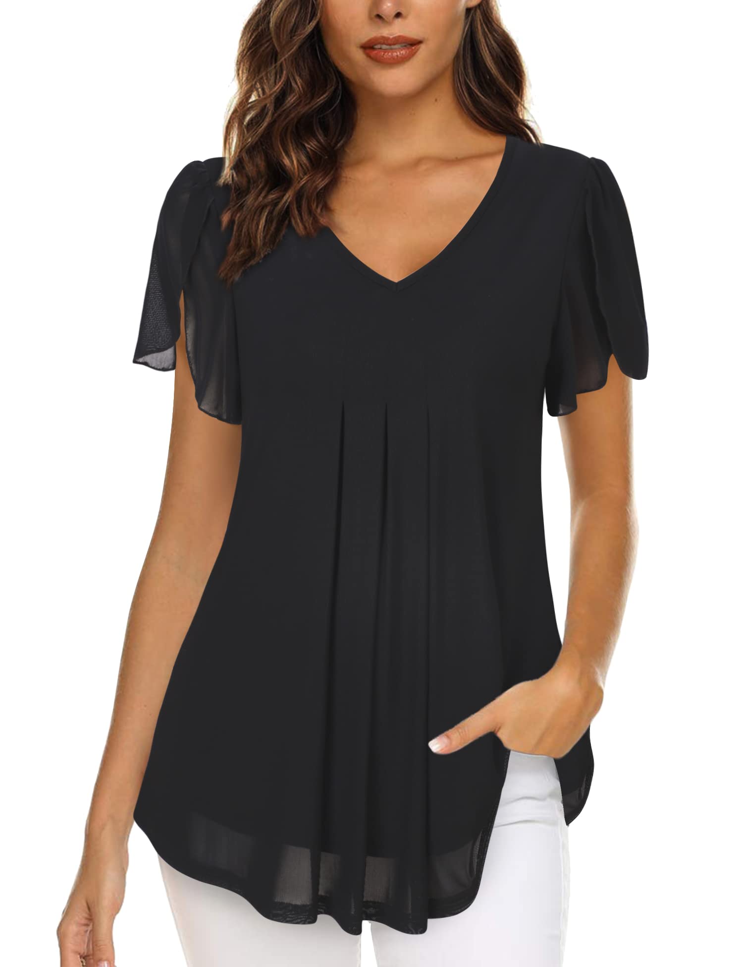 VALOLIA Women's Short Sleeve V-Neck Blouse - Casual Double Layer Mesh Tunic Top for Summer, Work & Everyday Wear