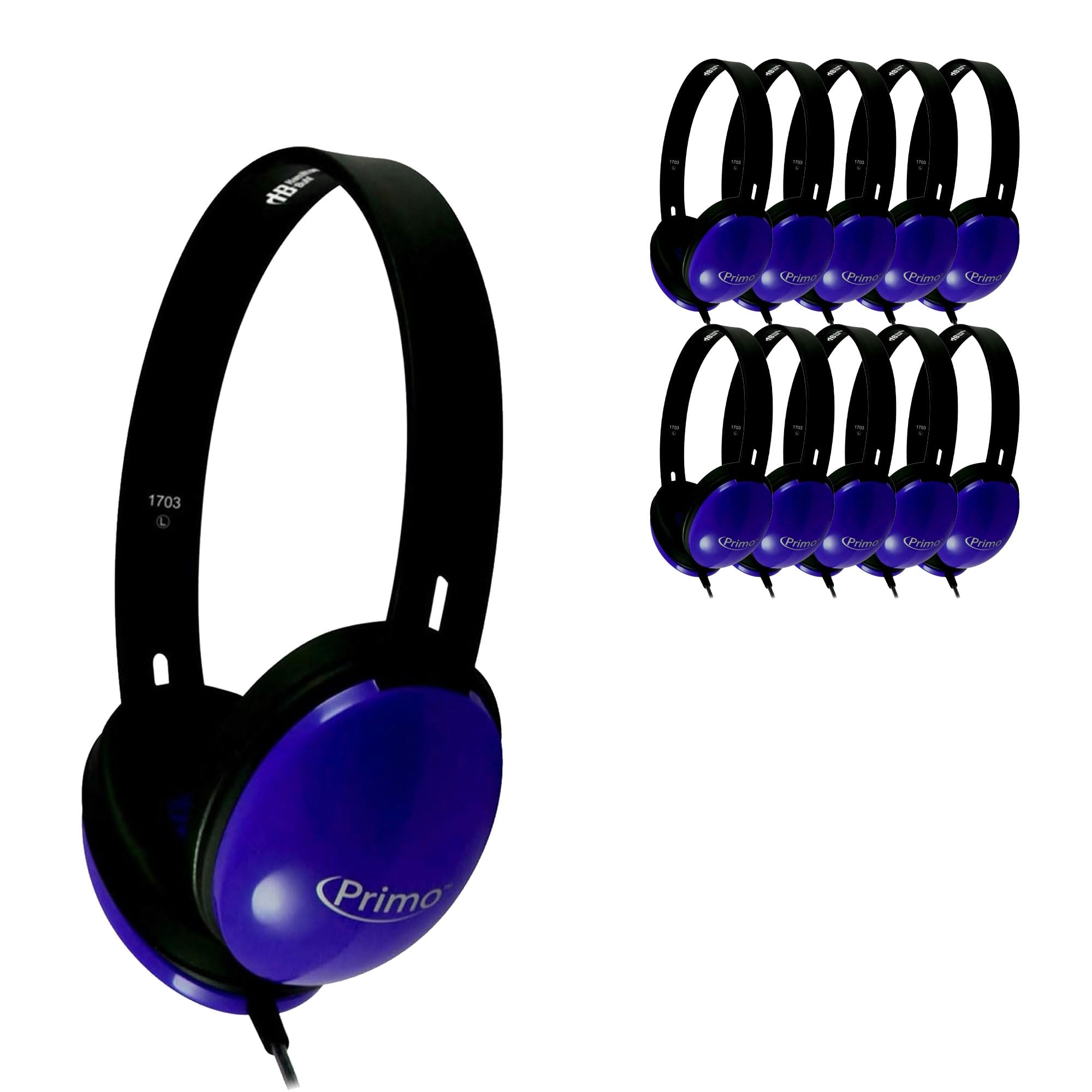 HamiltonBuhl Primo Stereo Headphones - 10 Pack Blue, Noise Cancelling Kids Headphones for School, Classroom, Travel & Online Learning