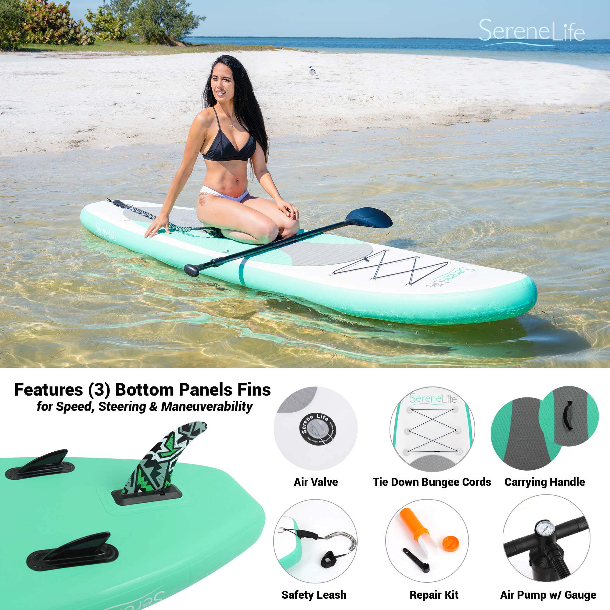 SereneLife Inflatable Stand Up Paddle Board - Ultra Stable SUP for Adults & Kids with Non-Slip Deck, Premium Paddle Board Accessories, Carry Bag, Dual Action Pump, Paddle & Ankle Leash - Perfect for Lakes, Rivers & Ocean Recreation