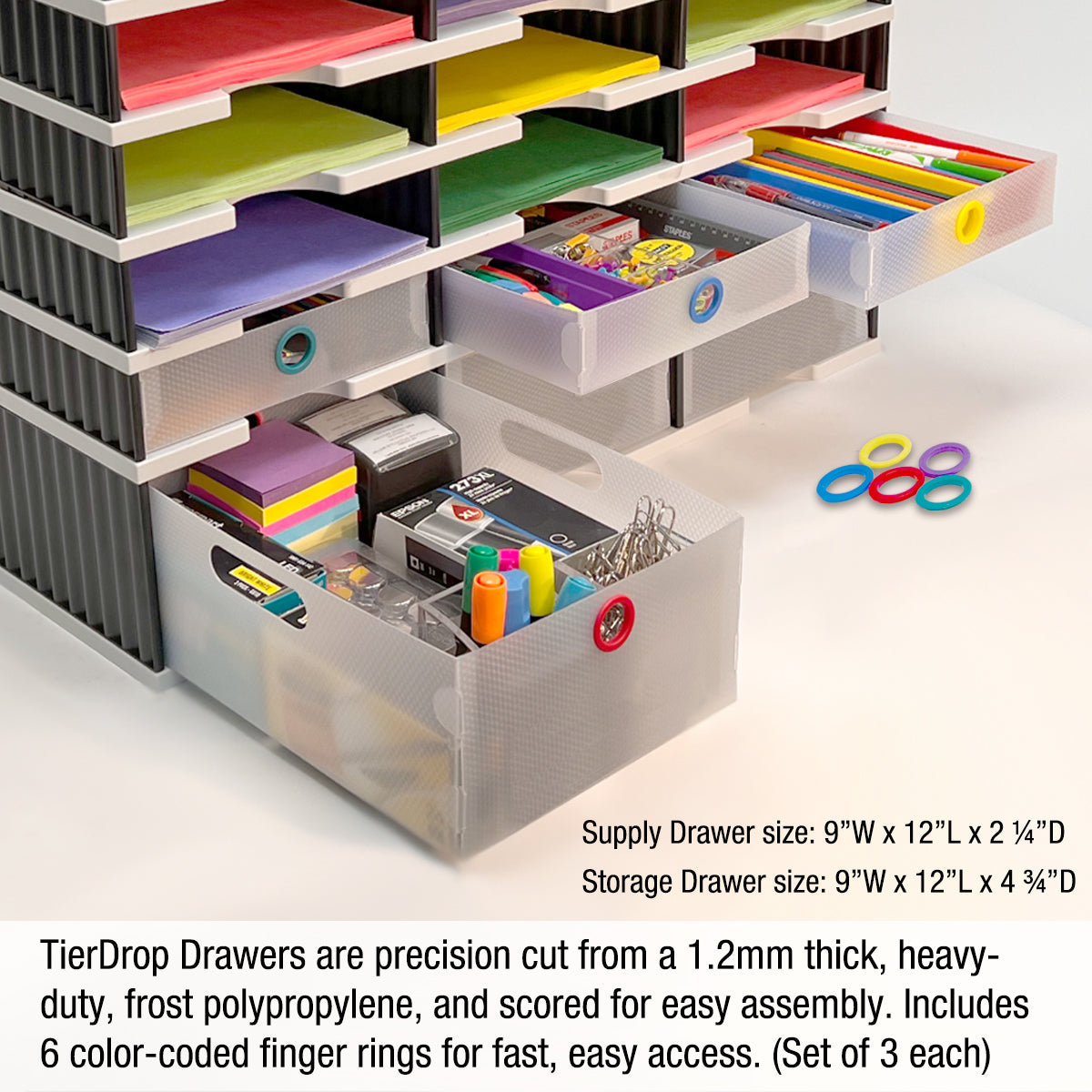 12-Tier Desktop Organizer with Letter Tray Sorter, Riser Base, 3 Supply & 3 Storage Drawers - TierDrop™ PLUS for Office Documents & Supplies - Space-Saving Desk Organizer for Home & Office Workspace