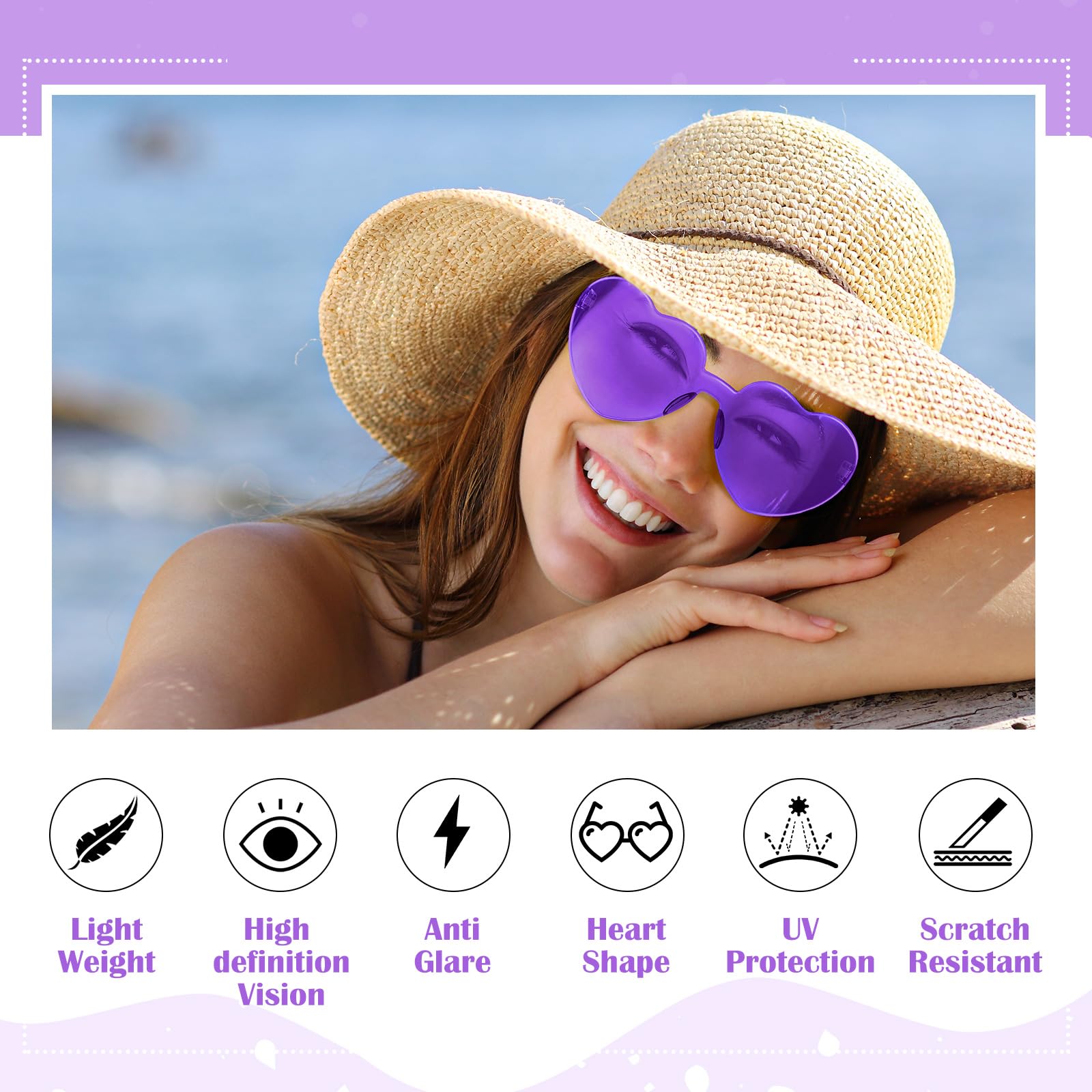 TOODOO 4 Pack Heart Shaped Sunglasses - Rimless Candy Color UV Protection Glasses for Women - Valentine's Day, Halloween, Party, Festival & Cosplay Accessories