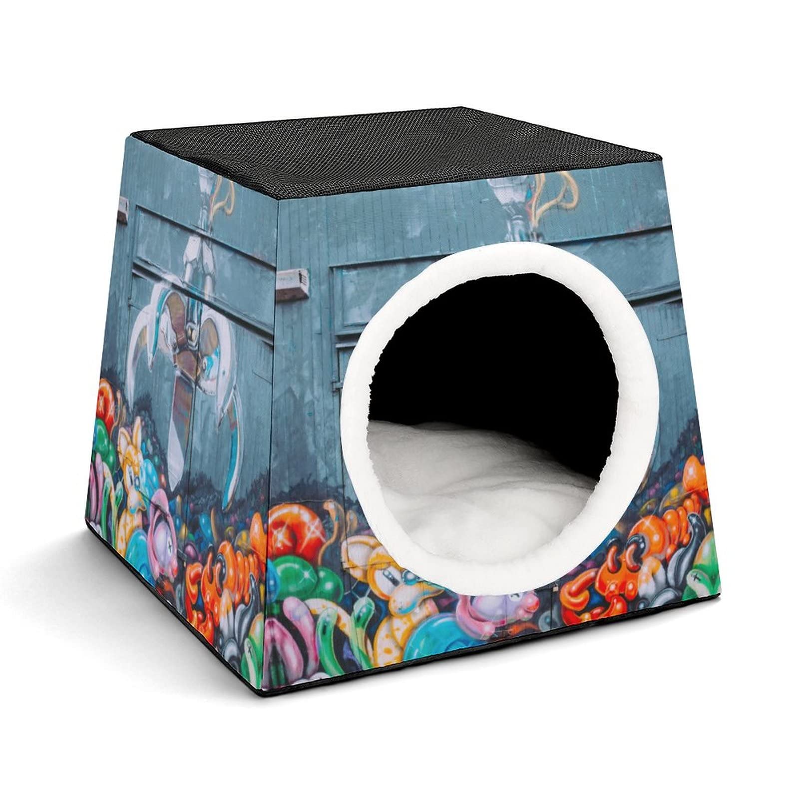 Printed Cat Cube Kitty House - Indoor Cat Bed & Small Dog Shelter - Warm Cozy Pet Sofa with Cartoon Animal Graffiti - Perfect for Home, Apartment & Office Pet Lounging