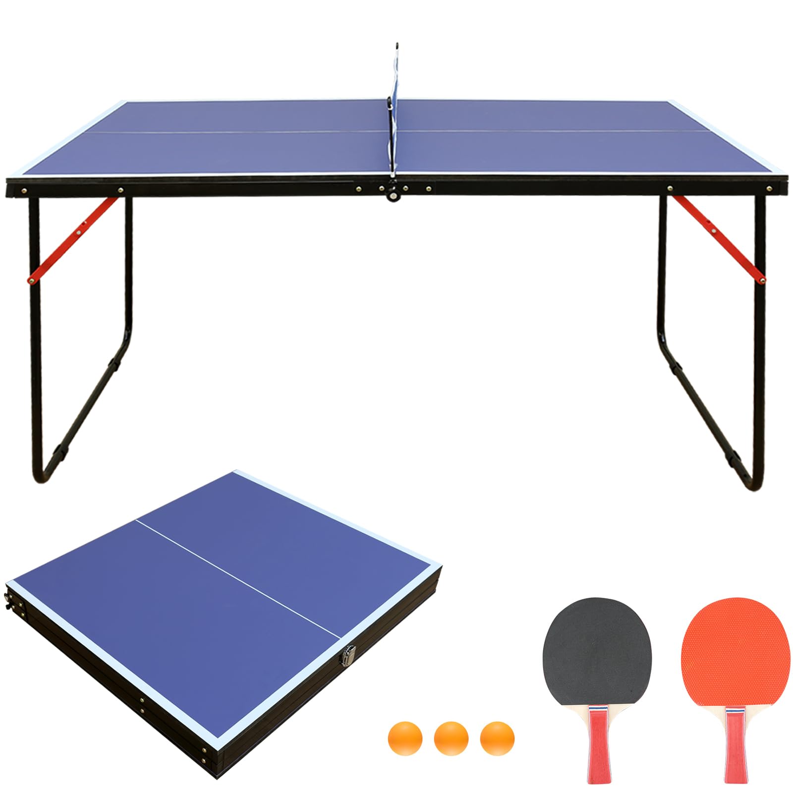 4.5ft Portable Foldable Ping Pong Table for Indoor & Outdoor Use - Mid-Size Table Tennis Set with 2 Paddles, 3 Balls & Net - Perfect for Family Game Nights, Backyard Parties & Kids Sports Activities