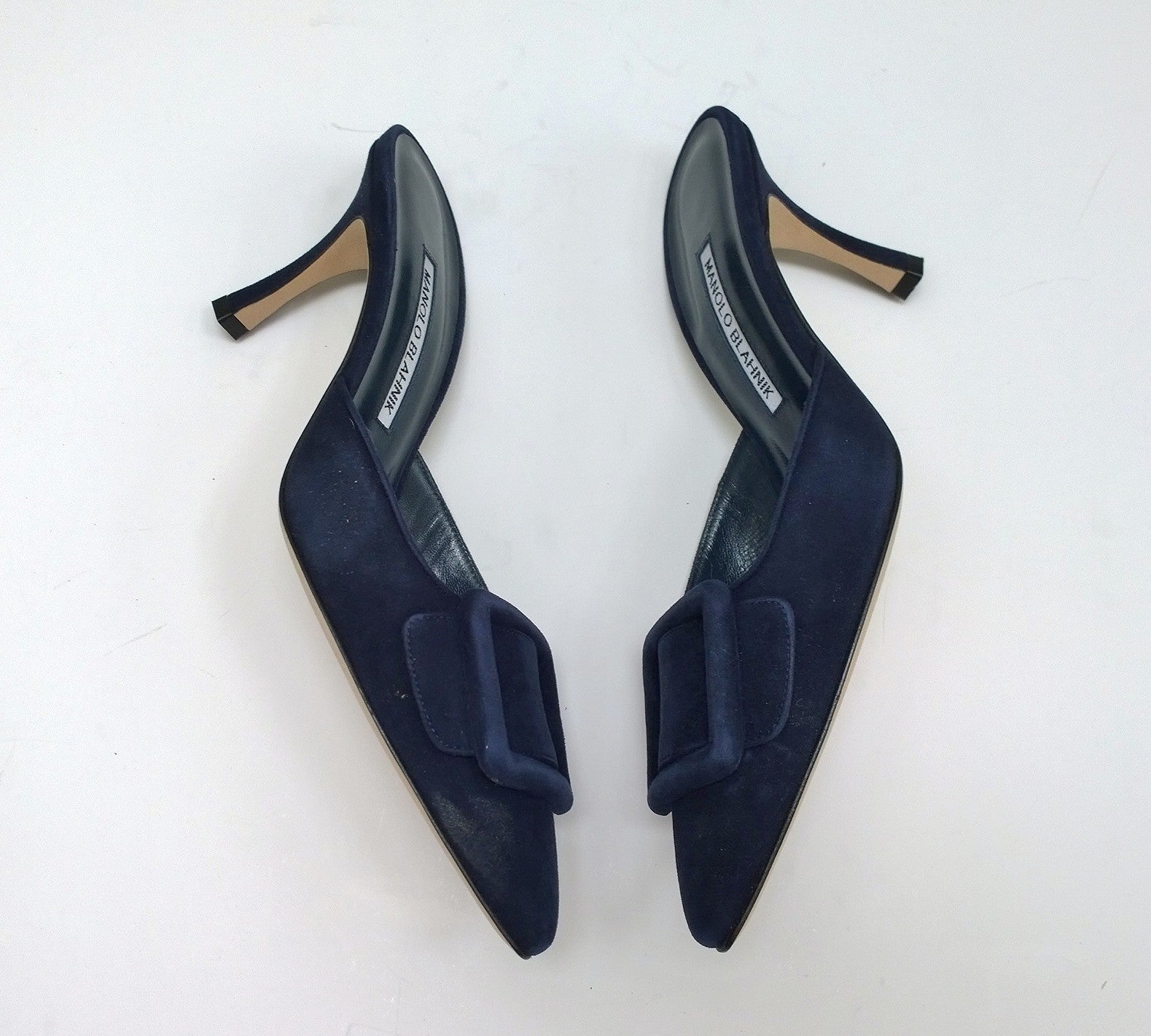 Manolo Blahnik Maysale 70mm Navy Blue Suede Buckle Heels - Women's Luxury Mule Sandals for Weddings, Parties & Evening Events