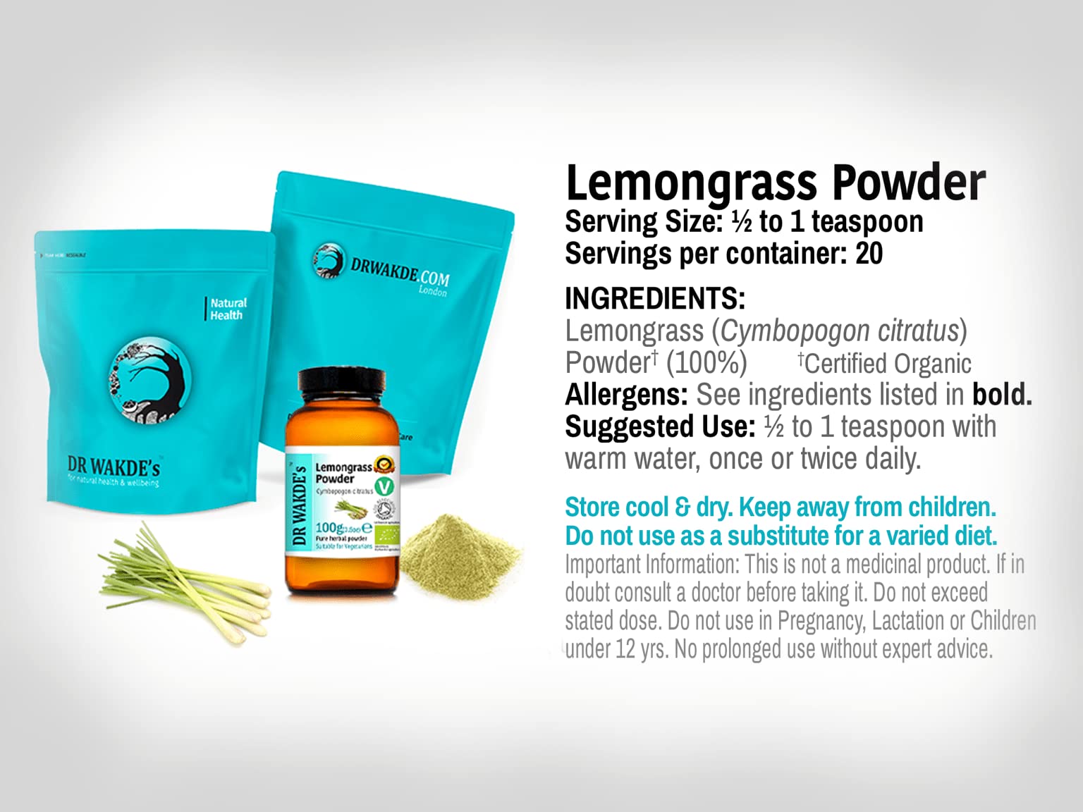 Organic Lemongrass Powder (Cymbopogon Citratus) - 100g (3.5oz) | Pure, Raw, Dried & Vegan | Premium Grade Culinary Herb | No Additives | Perfect for Tea, Cooking, Aromatherapy & Natural Remedies