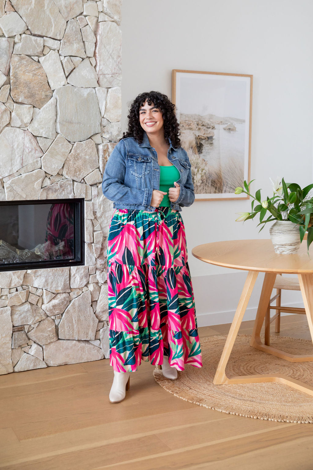 Carrie Skirt in Jungle Pink - Women's Floral A-Line Midi Skirt with Pockets | Perfect for Spring Outfits, Office Wear & Casual Dates