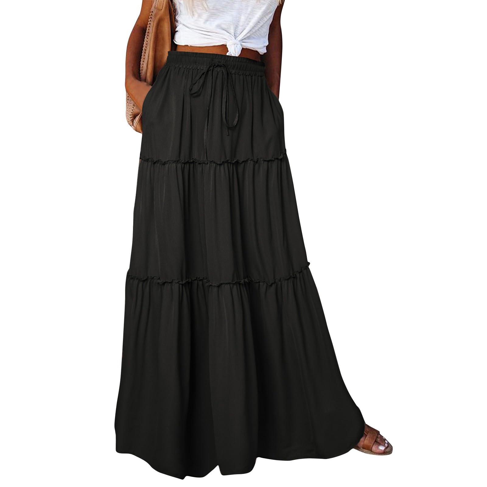 Women's Silk Maxi Skirt with Elastic High Waist & Pockets - Tiered Pleated A-Line Flowy Long Skirt for Dance, Travel & Casual Wear