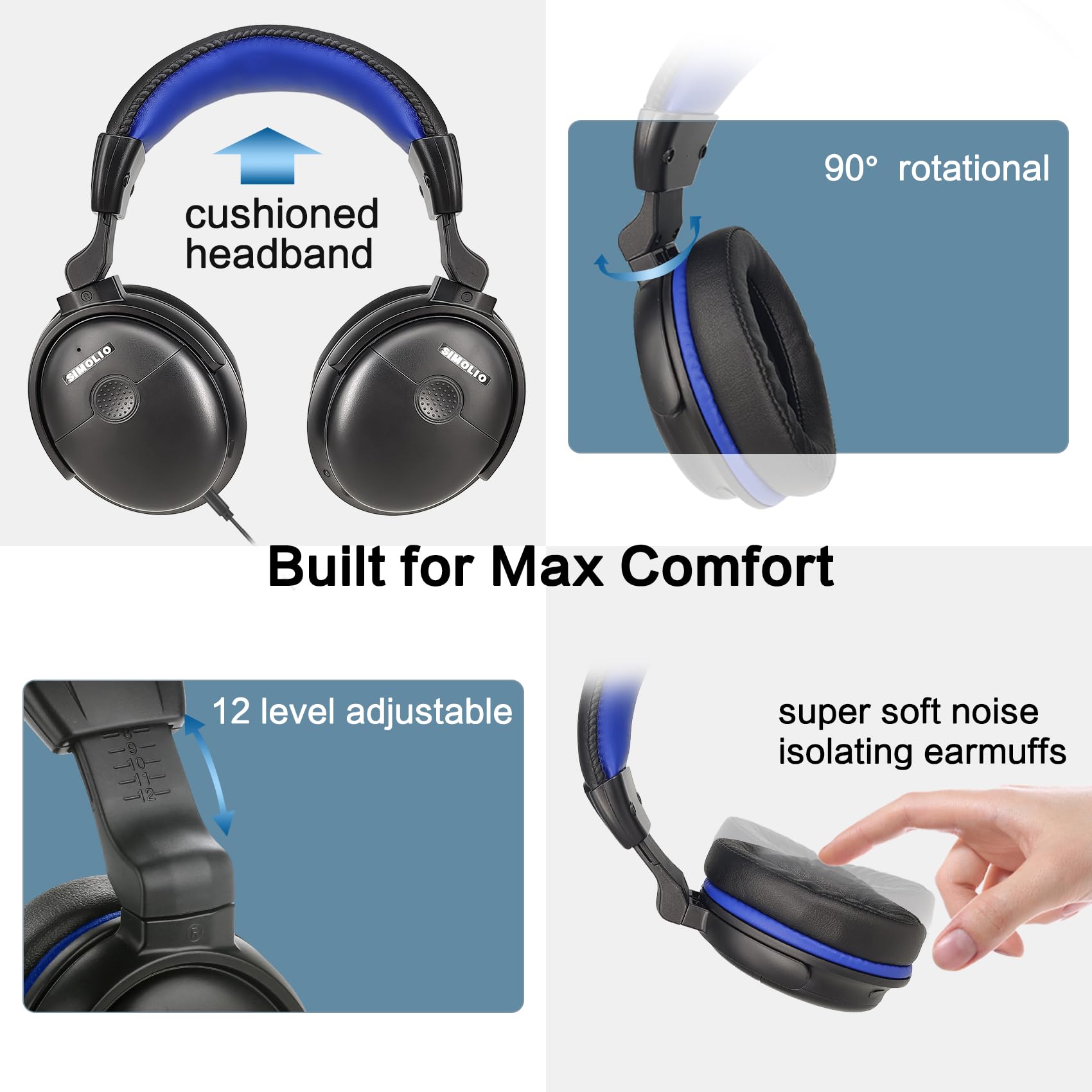 SIMOLIO Amplified TV Headphones for Seniors - 18ft Extra Long Coil Cord, Volume Control & Clear Dialogue - Over Ear Wired Headphones with 40 Hours Playtime & Clip - Perfect for Watching TV, Movies, and Hearing Assistance at Home