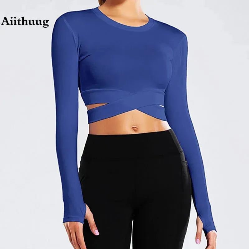 AIITHUUG Midriff Long Sleeve Yoga Top - Women's Slim Fit Criss Cross Waist Workout Shirt for Gym, Running & Fitness | Breathable Sports Crop Top for Yoga, Pilates & Active Lifestyle