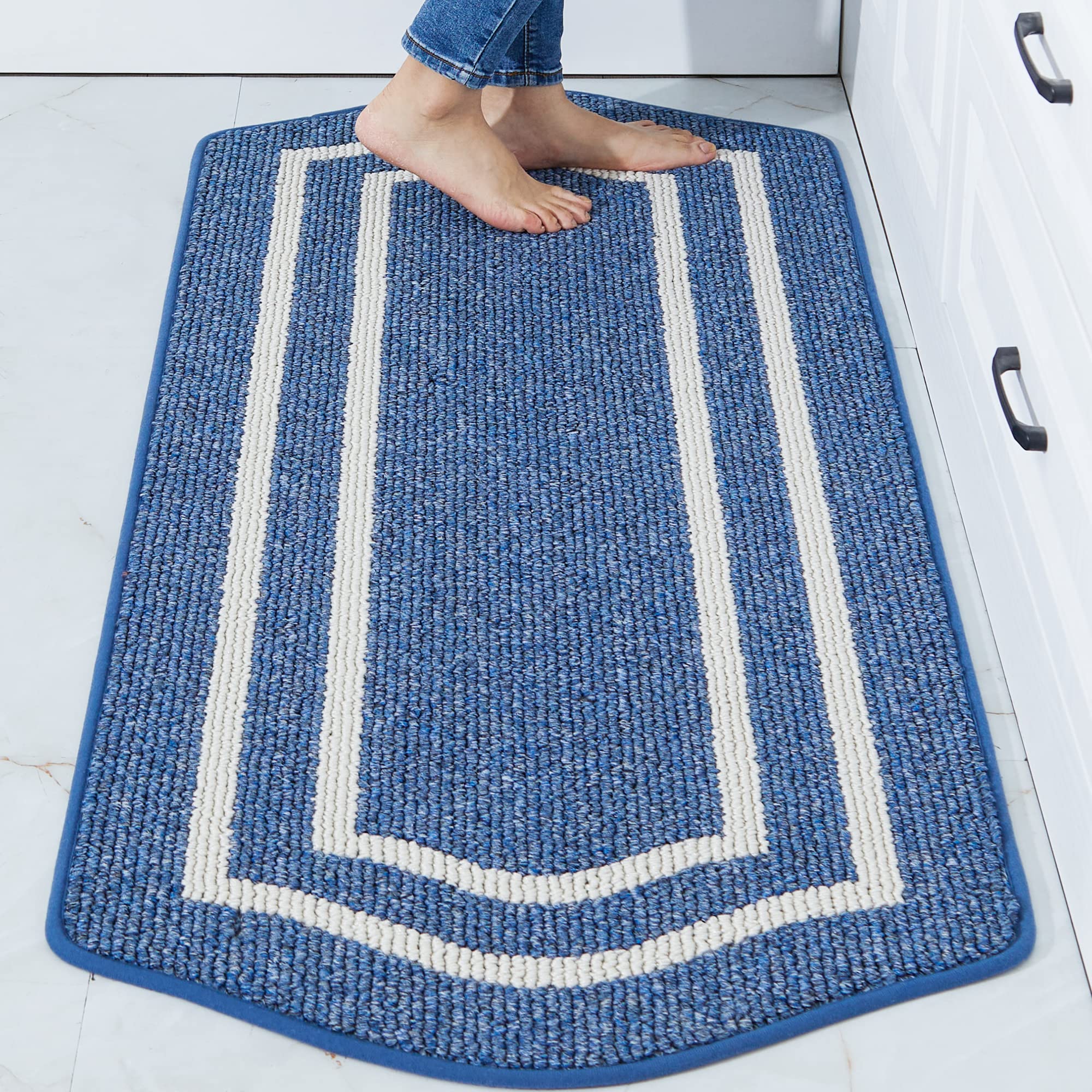 Non-Slip Absorbent Kitchen Floor Mat 24x48 Inches - Washable Polypropylene Standing Rug for Sink Area, Blue with Frame - Perfect for Comfort & Safety While Cooking, Dishwashing & Food Prep