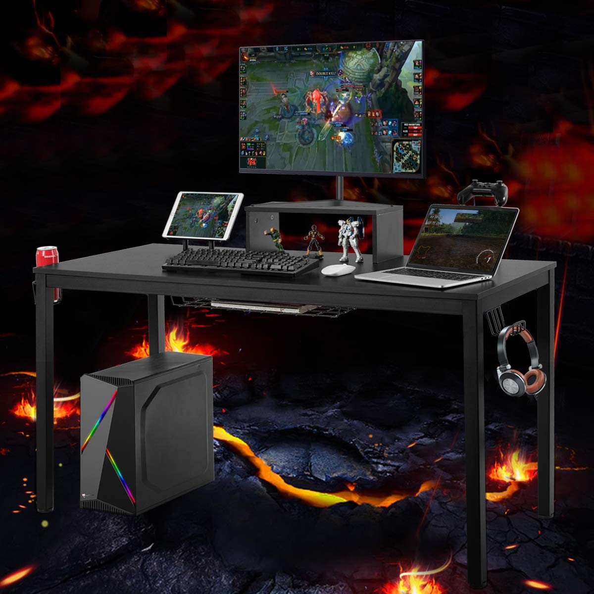 Tangkula 55 Inch Large Gaming Computer Desk - Ergonomic Home Office Desk with Monitor Shelf, Cup Holder, Tablet Board & Headphone Hook - Study Workstation with Storage Basket for PC, Laptop & Console Gaming (Black) - Perfect for Home Office, Gaming Setup & Remote Workstations