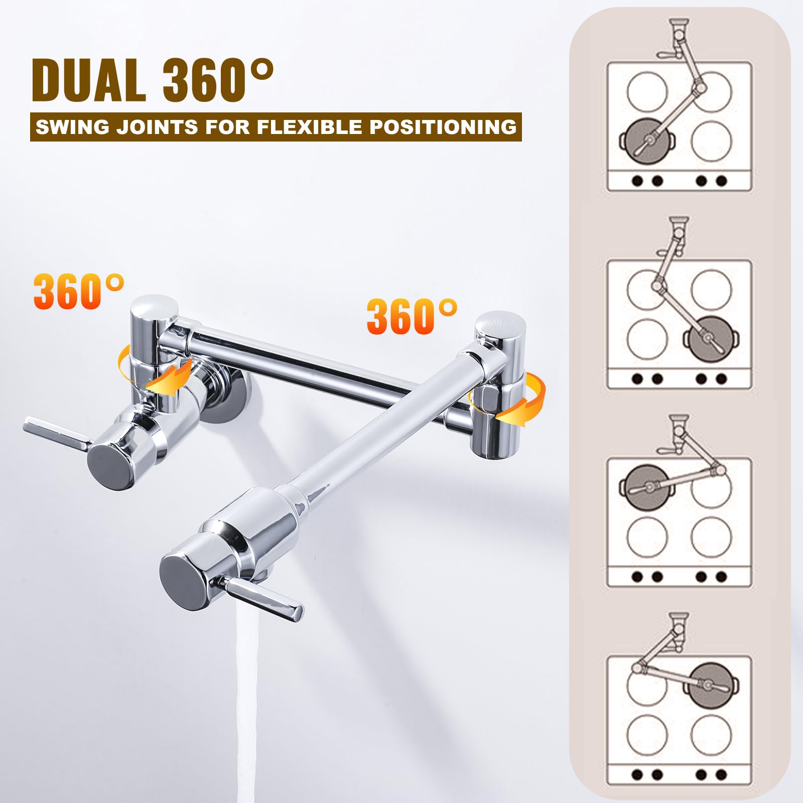 ALEASHA Solid Brass Wall Mount Pot Filler Faucet in Chrome - Heavy Duty Folding Kitchen Faucet for Instant Pot Filling (Perfect for Stove, Cooktop & Soup Making)