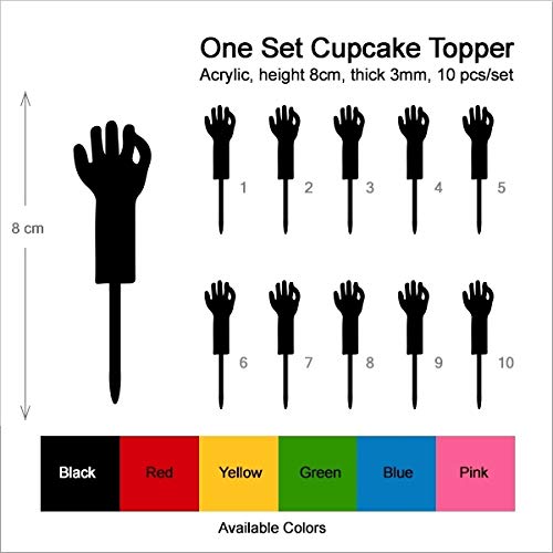 TA1059 Cute Zombie Hand Silhouette Acrylic Cupcake Toppers - 10 Pack for Halloween, Birthday, Wedding Party Decorations - Perfect for Cupcakes, Cakes, and Dessert Displays