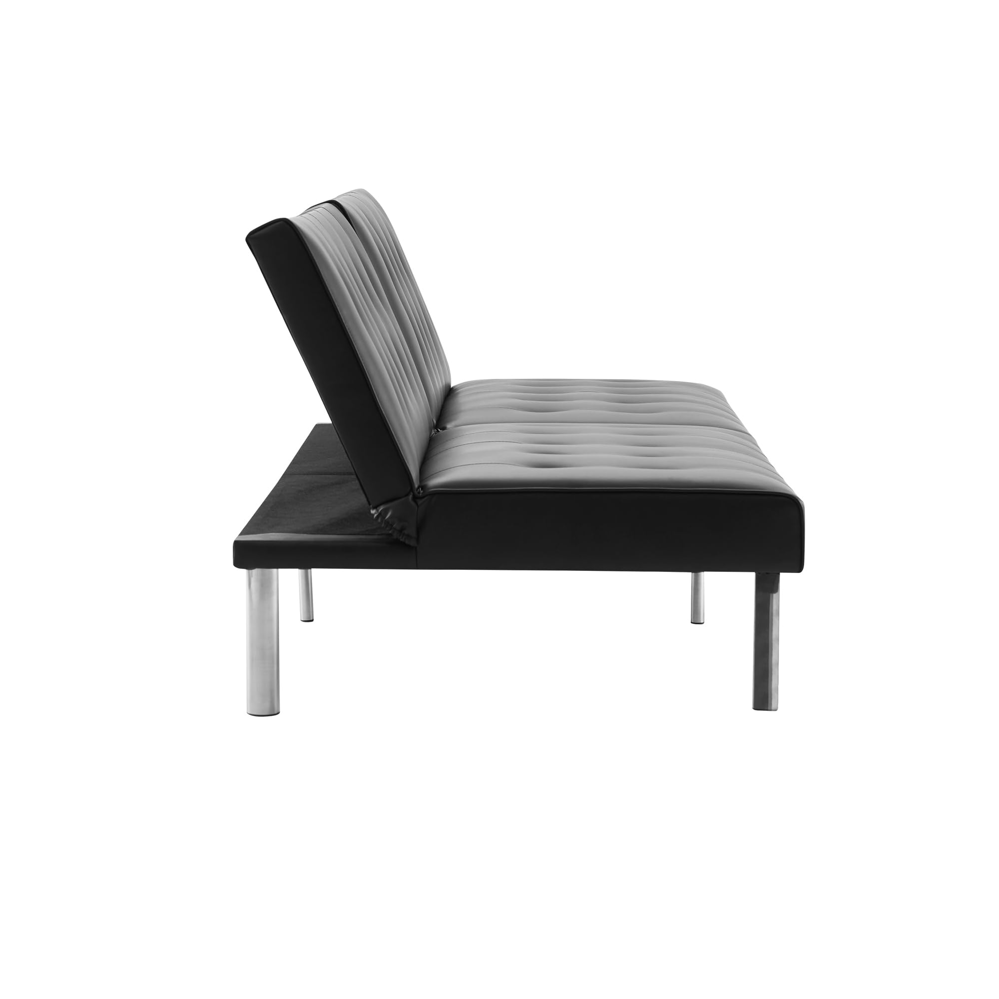 Naomi Home Tufted Split Back Futon Sofa Bed - Faux Leather Convertible Couch with Chrome Legs - Foldable Reclining Sleeper Sofa for Small Spaces - Perfect for Living Rooms, Guest Rooms & Apartments (Black)