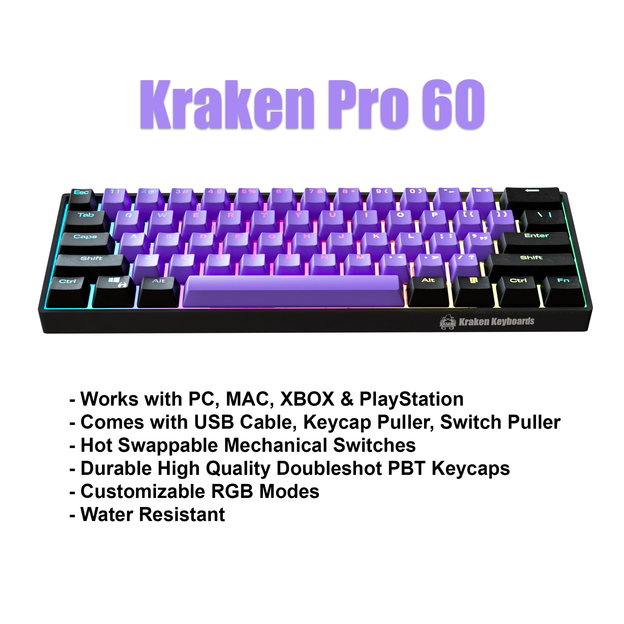KRAKEN KEYBOARDS Pro 60% Mechanical Gaming Keyboard - Hot Swappable Black & Purple Design - Compatible with PC, Xbox, PlayStation & MAC (Black Lotus | Silver Switches) - Perfect for Esports, Streaming & Office Work