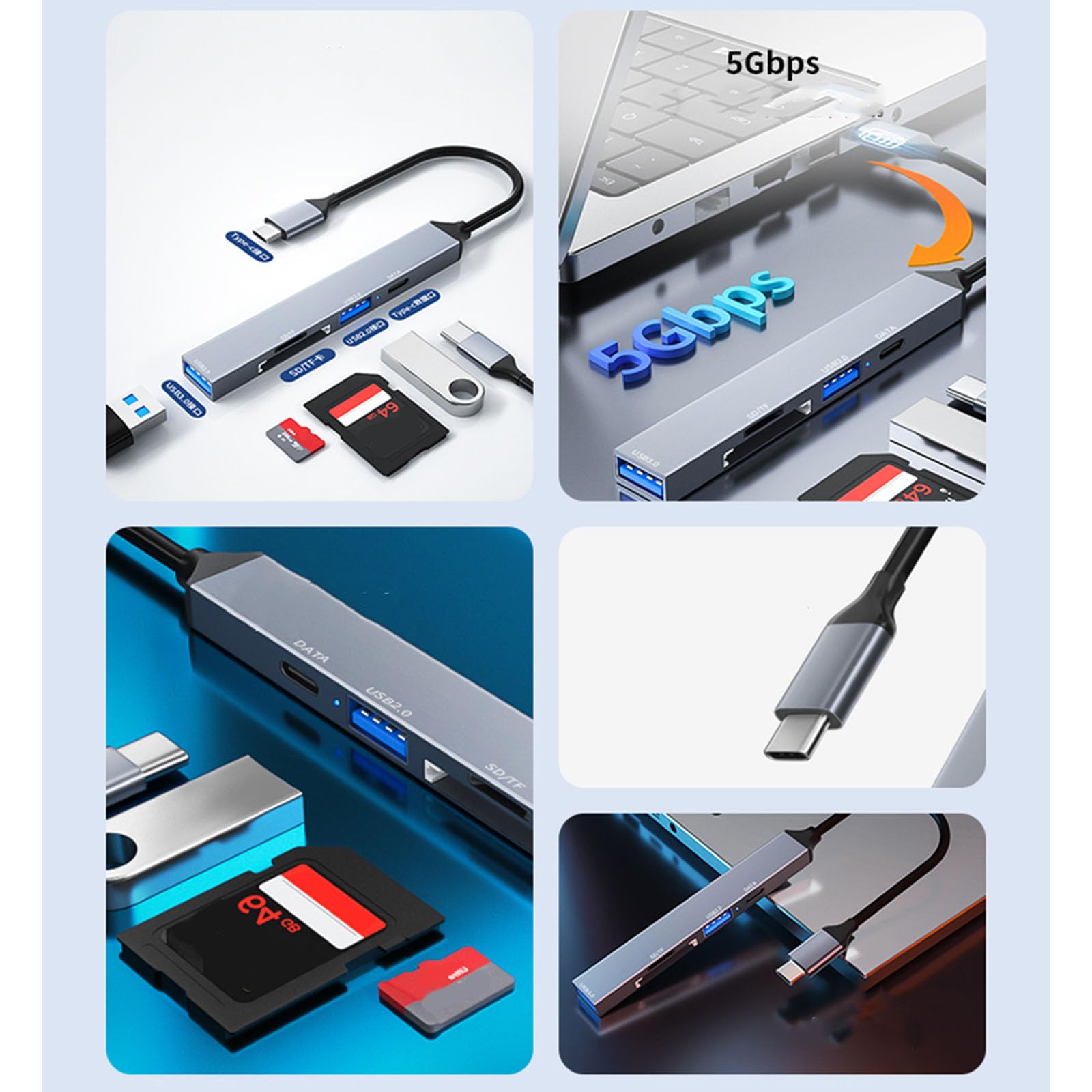 5-in-1 USB C Hub Adapter with USB 3.0/SD/TF for Laptop & MacBook - Travel & Office Use