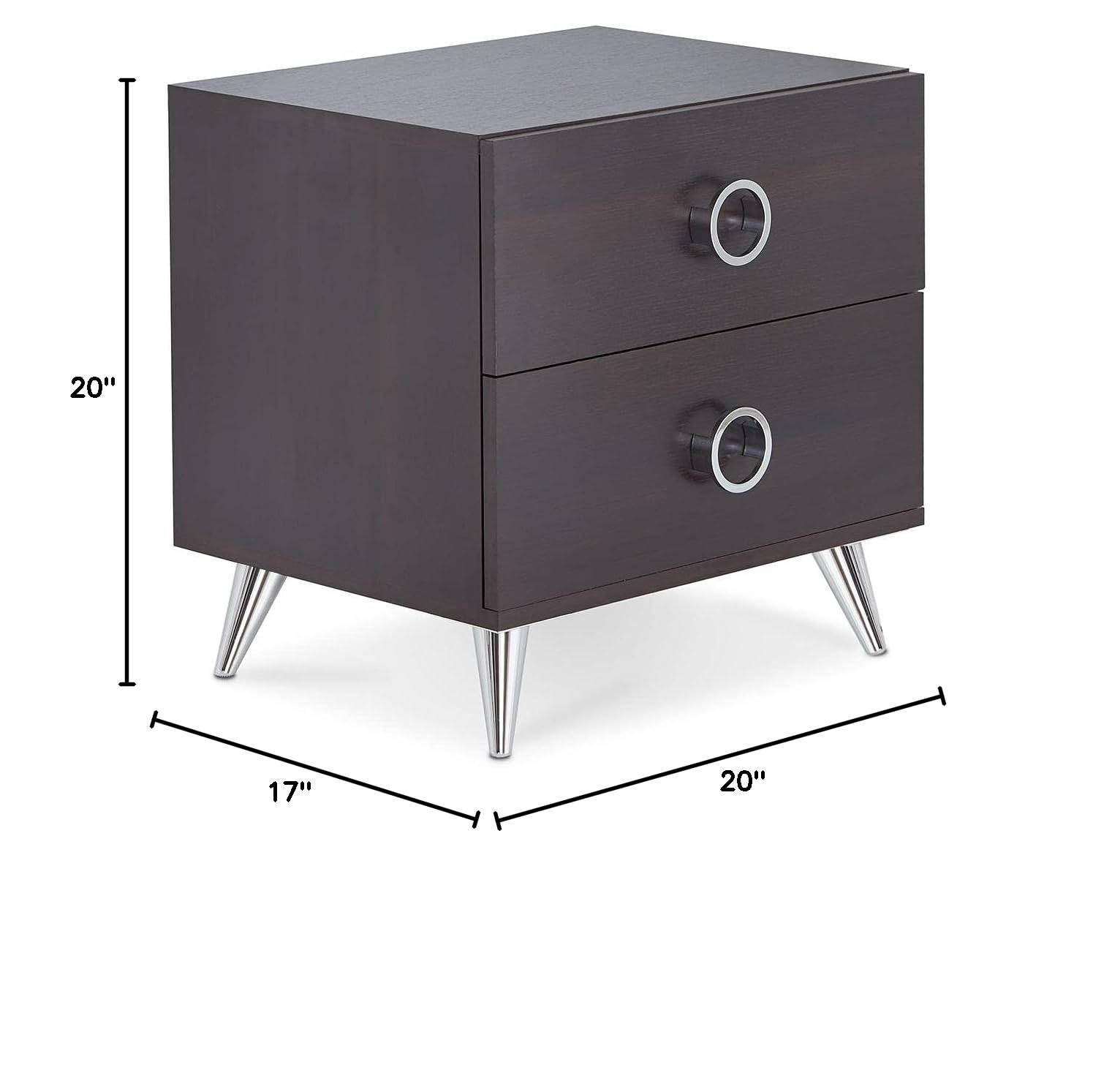 Mid Century Modern Nightstand - Wooden Bedside Table with 2 Drawers & Round Handles, Metal Legs, Dark Brown - Perfect for Bedroom, Living Room & Office Storage