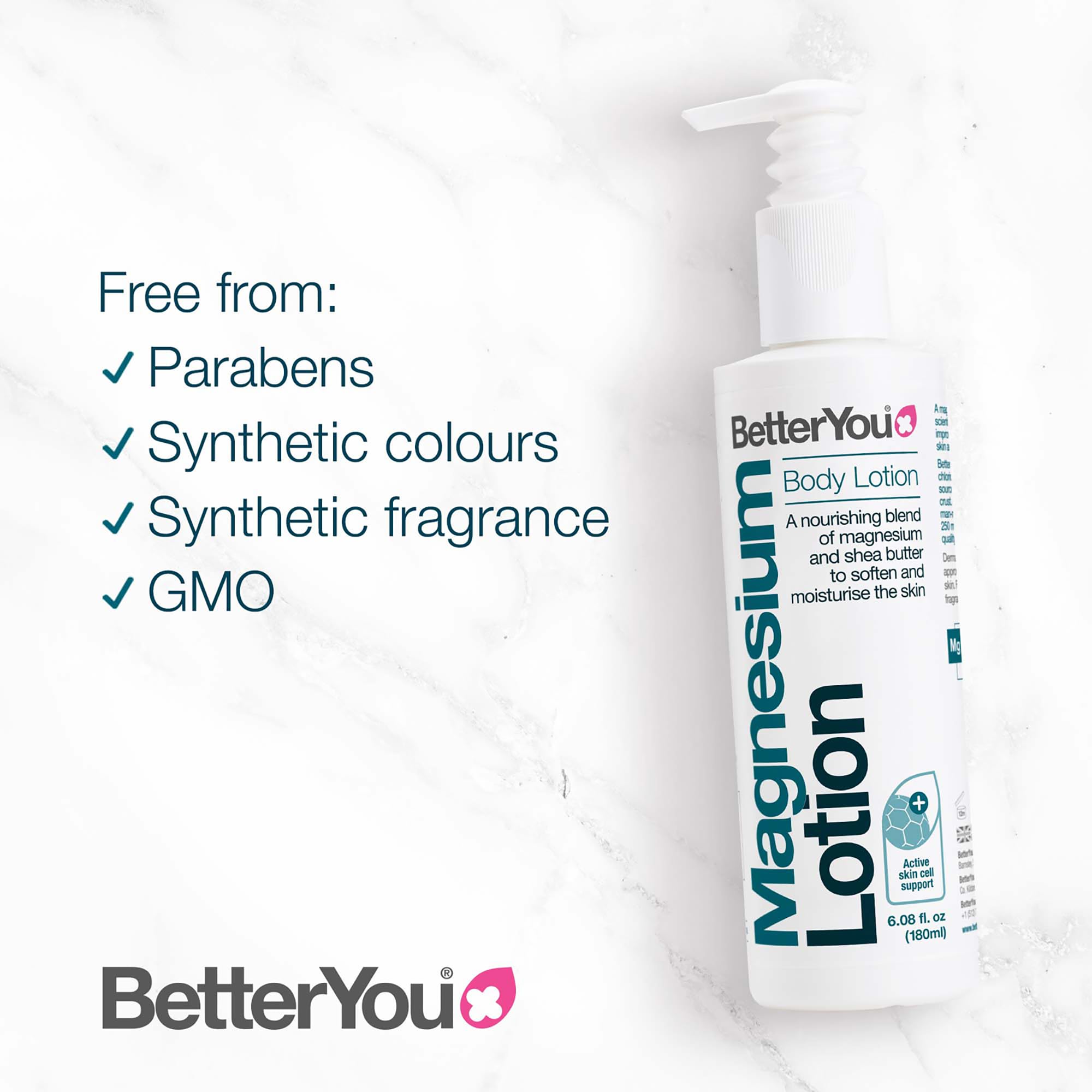 BetterYou Magnesium Body Lotion with Shea Butter - 6.08 oz Moisturizing Cream for Dry Skin, Muscle Relaxation & Stress Relief - Lightweight, Nourishing Formula for Daily Use at Home, Gym or Before Bed