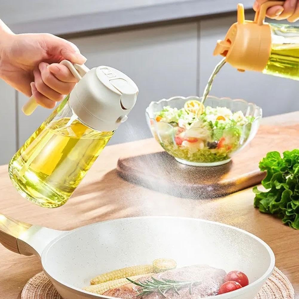 DECRUZ 2-in-1 Glass Oil Spray Bottle with Silicone Brush & Spatula - Kitchen Oil Dispenser for Cooking, Baking, Air Fryer, Salad, BBQ - Perfect for Oil, Vinegar & Marinades Spraying - Ideal for Home Chefs & Healthy Cooking