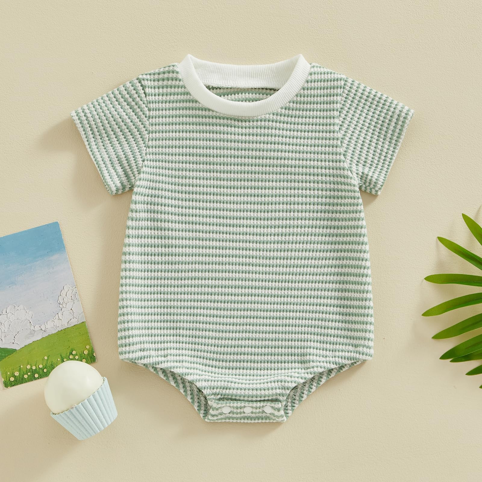 Baby Waffle Romper Short Sleeve Bodysuit - Striped & Solid Crewneck Bubble Outfit for Newborn Boys & Girls | Perfect for Summer Playdates & Photo Shoots