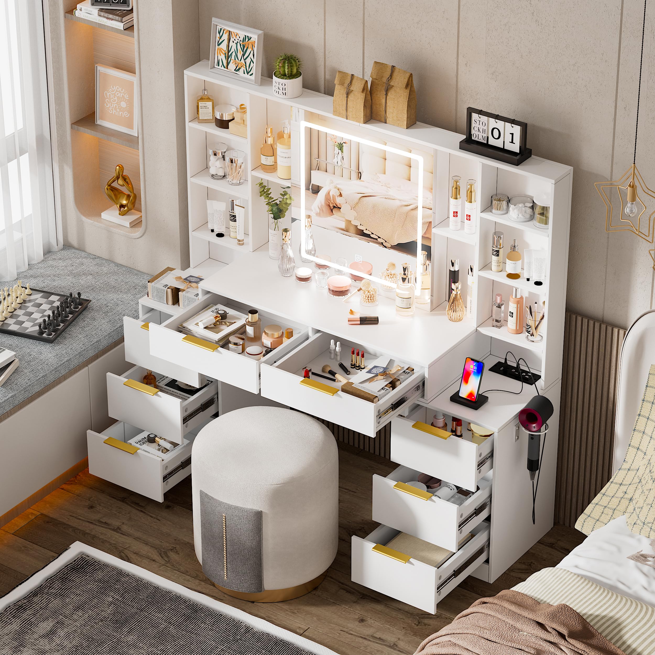 Large Makeup Vanity Desk with LED Lighted Mirror & Power Outlet, Brightness Adjustable Dresser Table with 3 Lighting Modes, 5 Drawers & Shelves, Hair Dryer Stand for Bedroom, White (No Stool) - Perfect for Home Salon, Bridal Dressing & Beauty Routine