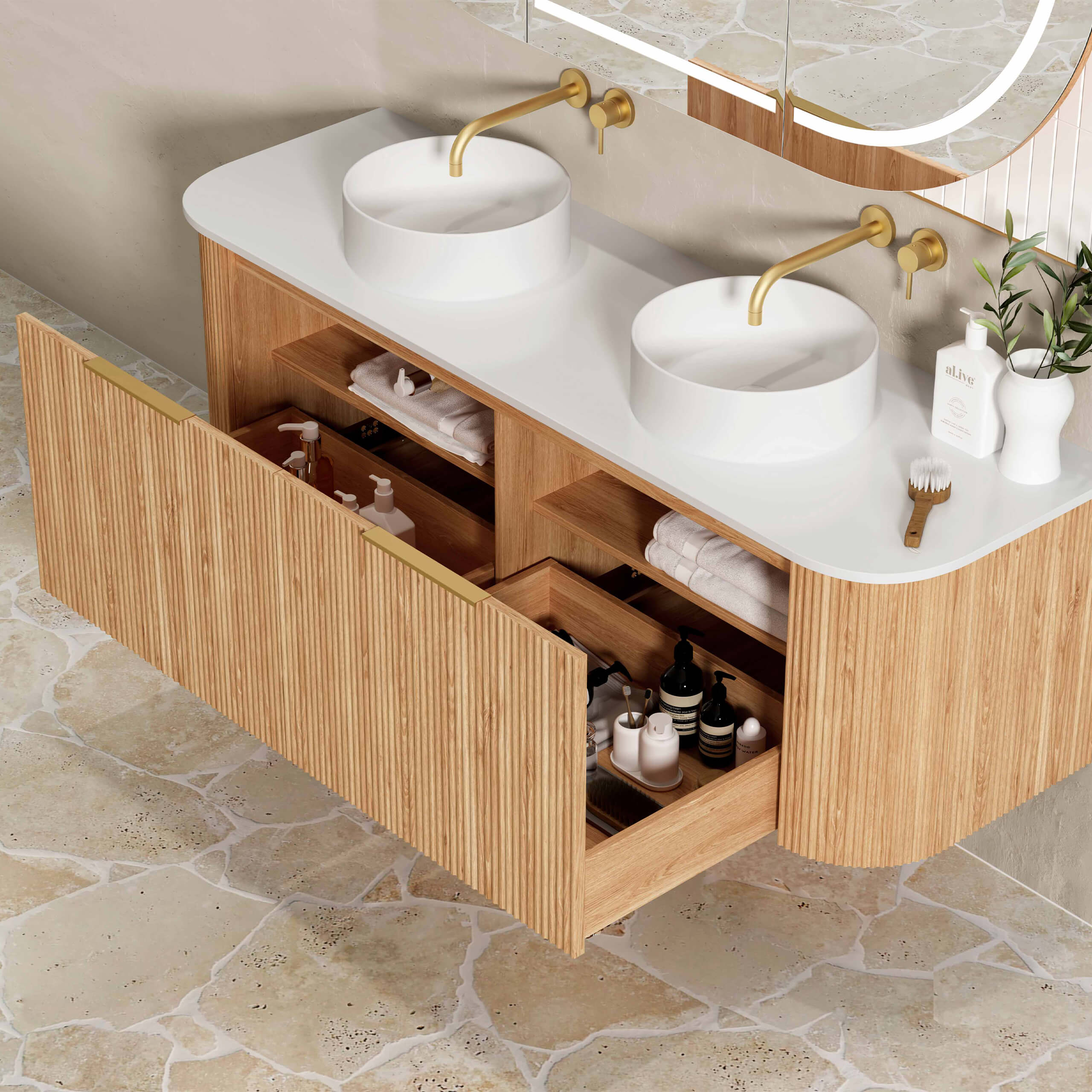 Bondi Woodland Oak Fluted Double Basin Bathroom Vanity - Elegant Farmhouse Style for Master Bath & Guest Bathroom