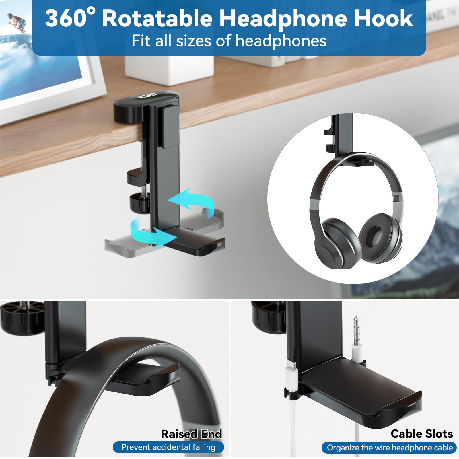 KDD 2-in-1 Rotatable Under Desk Headphone Hanger with Cup Holder - Space Saving Headset Stand for Gaming, Office & Home Use - Holds Coffee Mugs, Water Bottles & Headphones (Black)