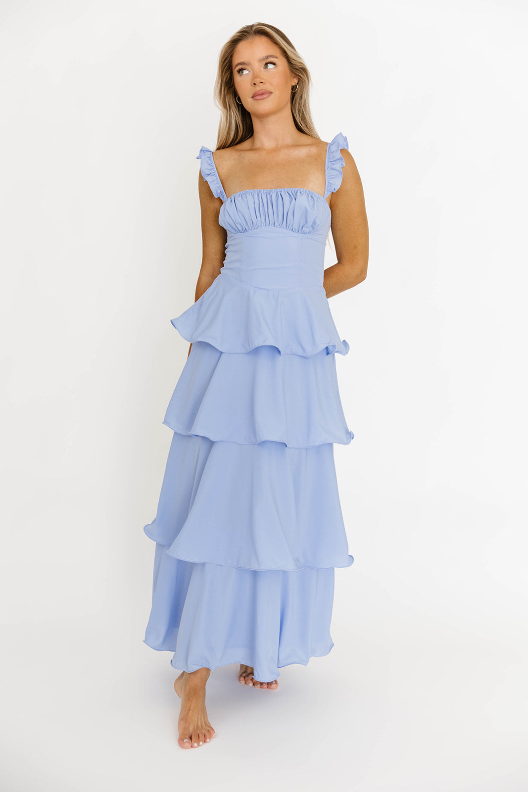 Lily Ruffle Strap Tiered Maxi Dress in Baby Blue | Flowy Summer Beach Dress for Women | Perfect for Vacations, Weddings & Date Nights