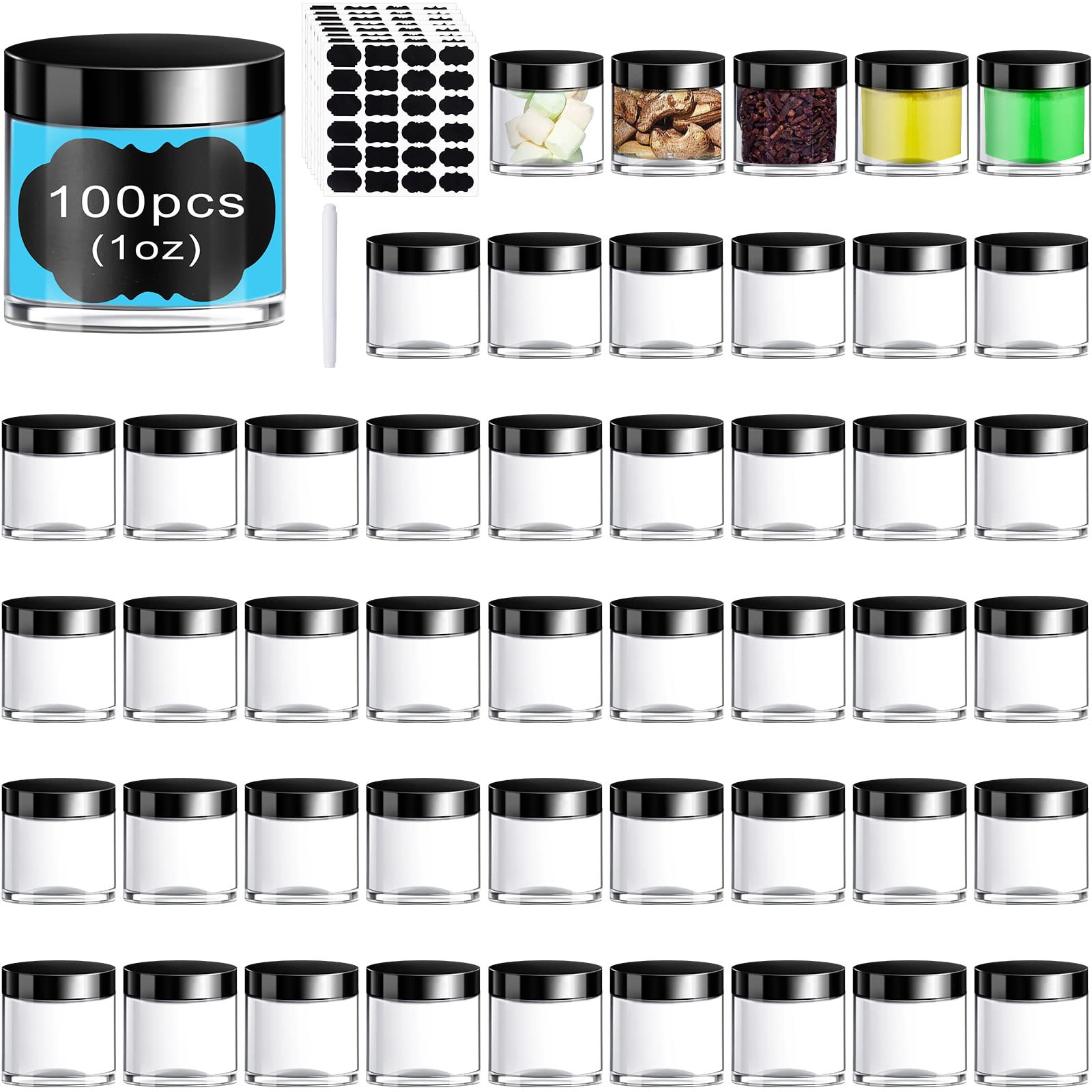 100-Piece Plastic Travel Makeup Jars with Lids - 1oz Small Cosmetic Containers for Creams, Toiletries & Skincare - Includes Chalkboard Labels & Marker (Black) | Perfect for DIY Beauty, Travel Organizers & Sample Storage