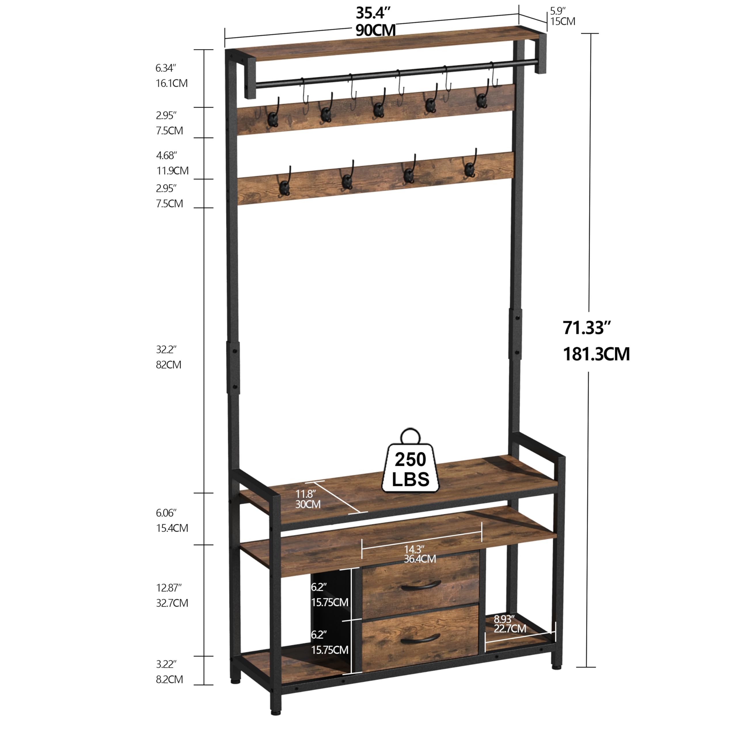 Vintage Brown Hall Tree with Bench & Shoe Storage - Entryway Organizer with Coat Rack, 14 Hooks, 2 Fabric Drawers - Perfect for Hallway, Living Room & Small Space Entry Organization