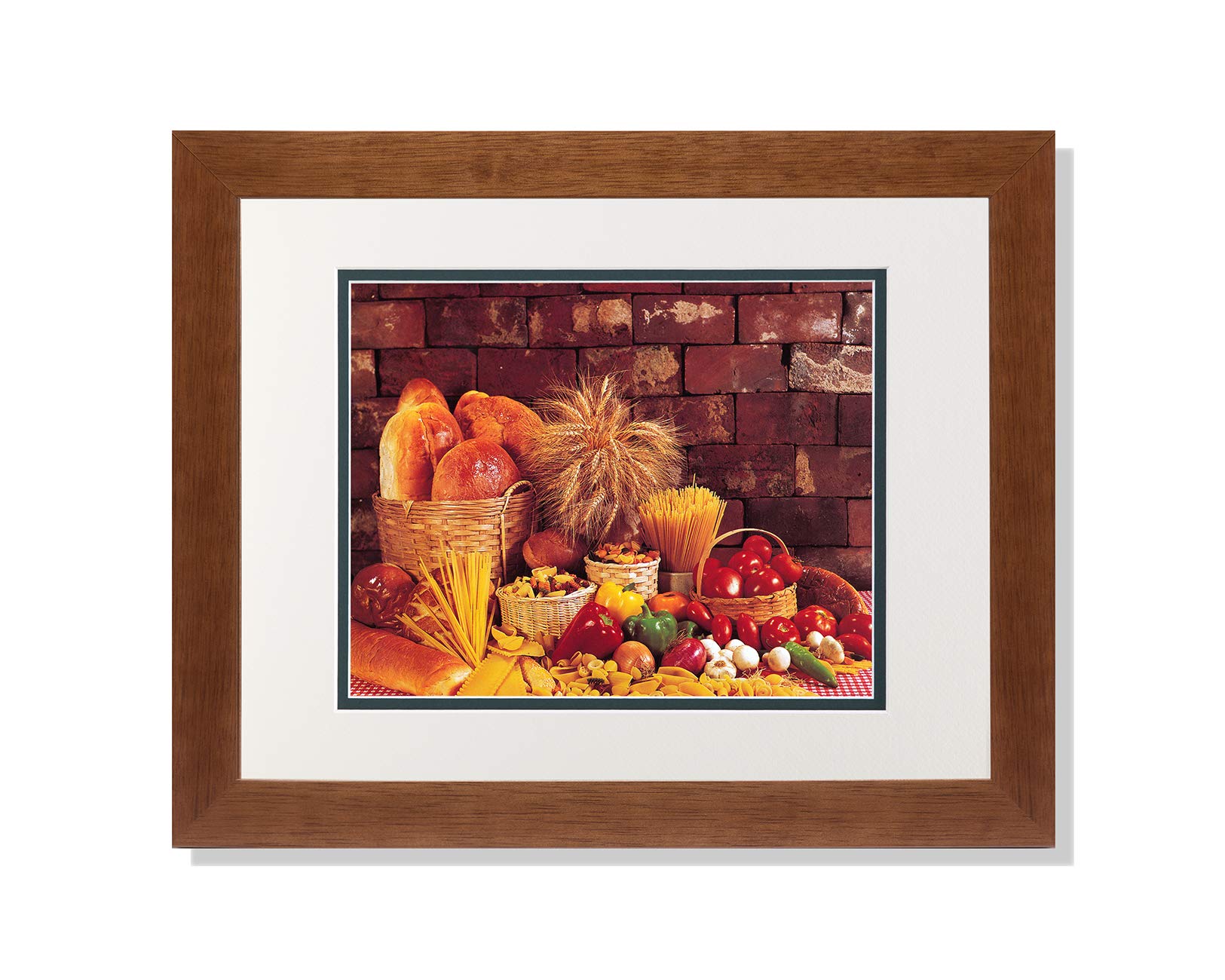 Art Prints - Bread Loaves, Pasta, Peppers & Onions Kitchen Wall Art - A/G Matted Photo - Honey Framed - Perfect for Farmhouse, Italian Kitchen & Restaurant Decor