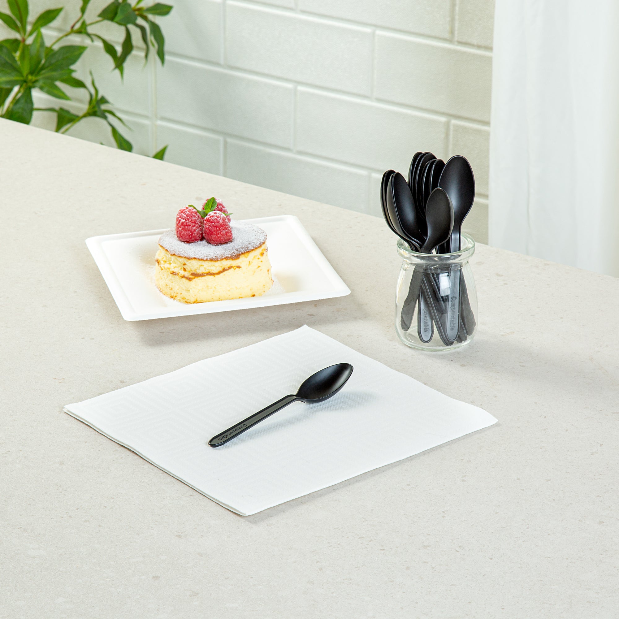 Eco-Friendly Black CPLA Plastic Dessert Spoons - Heat Resistant & Compostable, 100-Pack | Perfect for Parties, Picnics & Eco-Conscious Dining