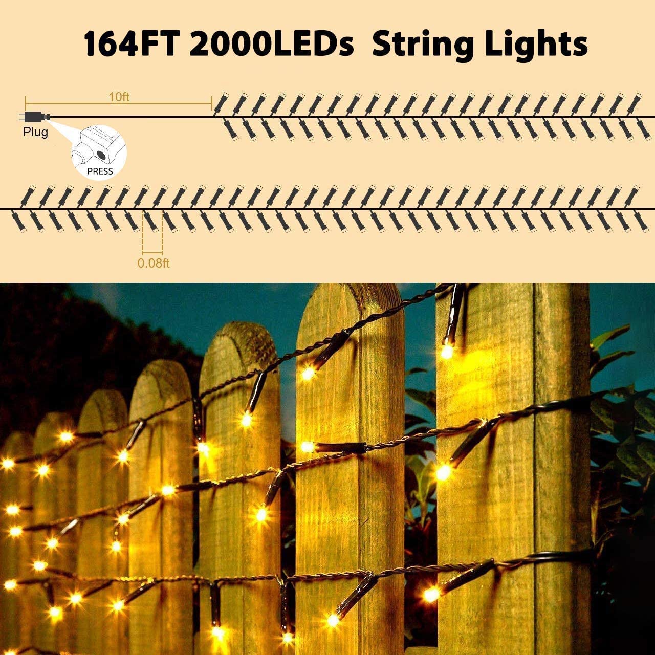 Quntis 2000 LED 164ft Christmas Lights with Dark Green Wire - 8 Lighting Modes, Waterproof Outdoor String Lights for Holiday, Wedding, Party, and Christmas Tree Decor - Warm White for Cozy Indoor & Outdoor Ambiance