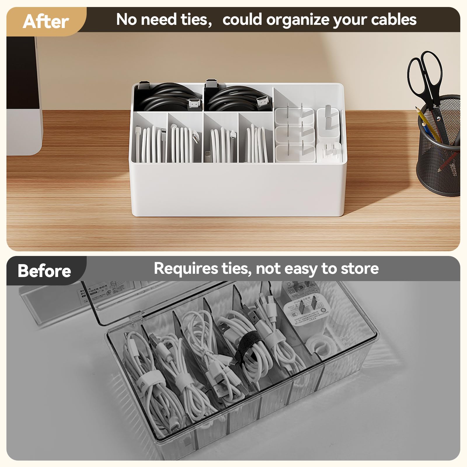 Premium Cable Organizer Box - Neat Charger & Cord Storage Solution (1 Pack, White) | Perfect for Home, Office & Travel Accessories Organization