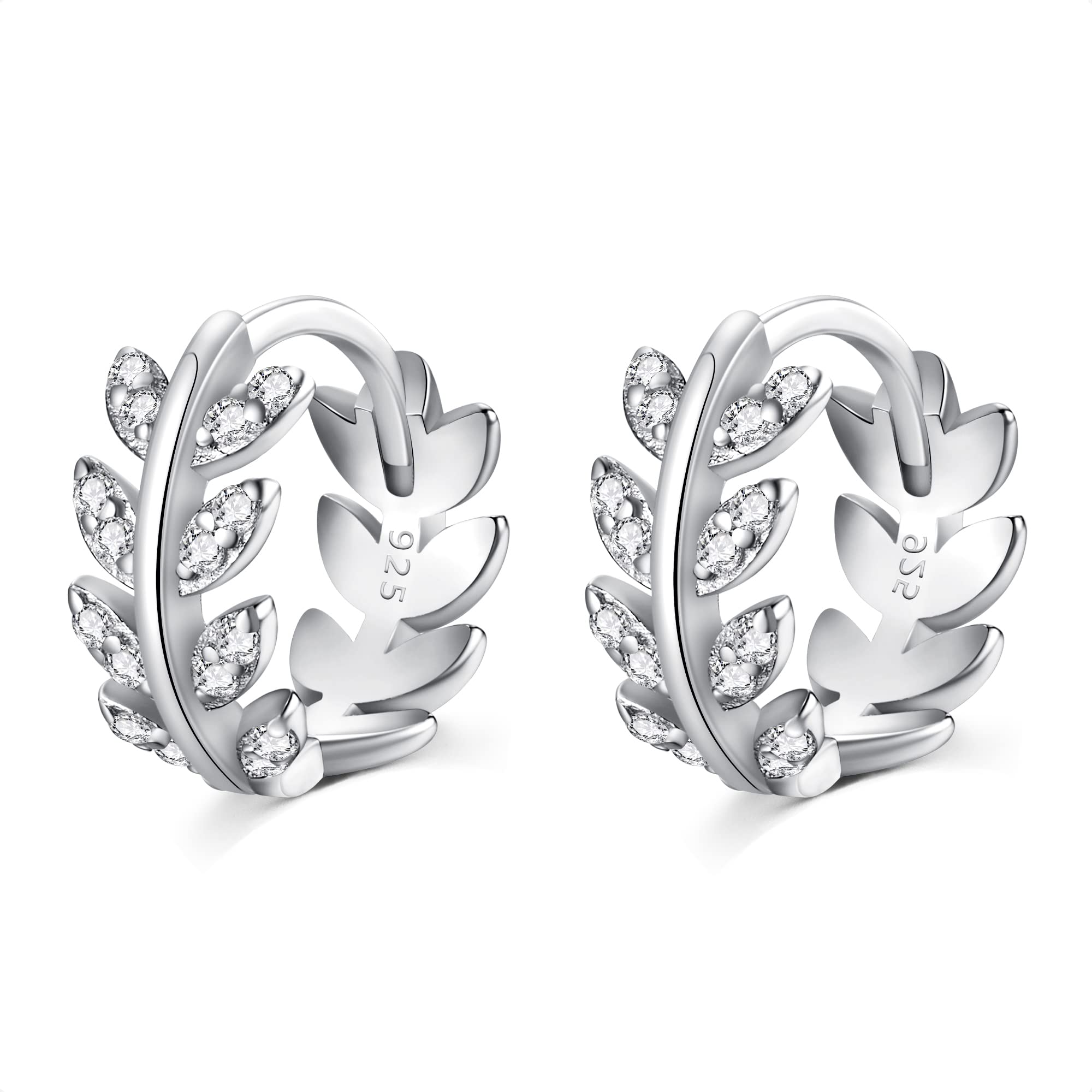 925 Sterling Silver Hoop Earrings for Women - Gold & Silver Leaf Cubic Zirconia Stud Earrings, Dainty Jewelry Gift for Birthday, Holiday, Anniversary | Perfect for Everyday Wear, Parties & Special Occasions