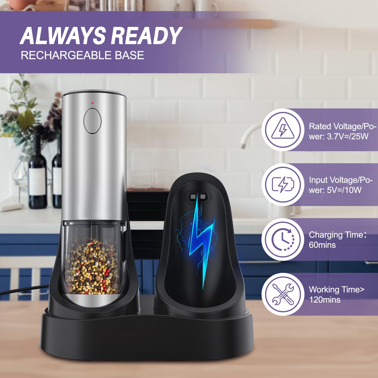 Premium Electric Salt and Pepper Grinder Set - Rechargeable Automatic Spice Mill with Adjustable Coarseness, LED Light & Charging Base - Perfect for Kitchen, Dining Table, Camping and Gifts (Black)