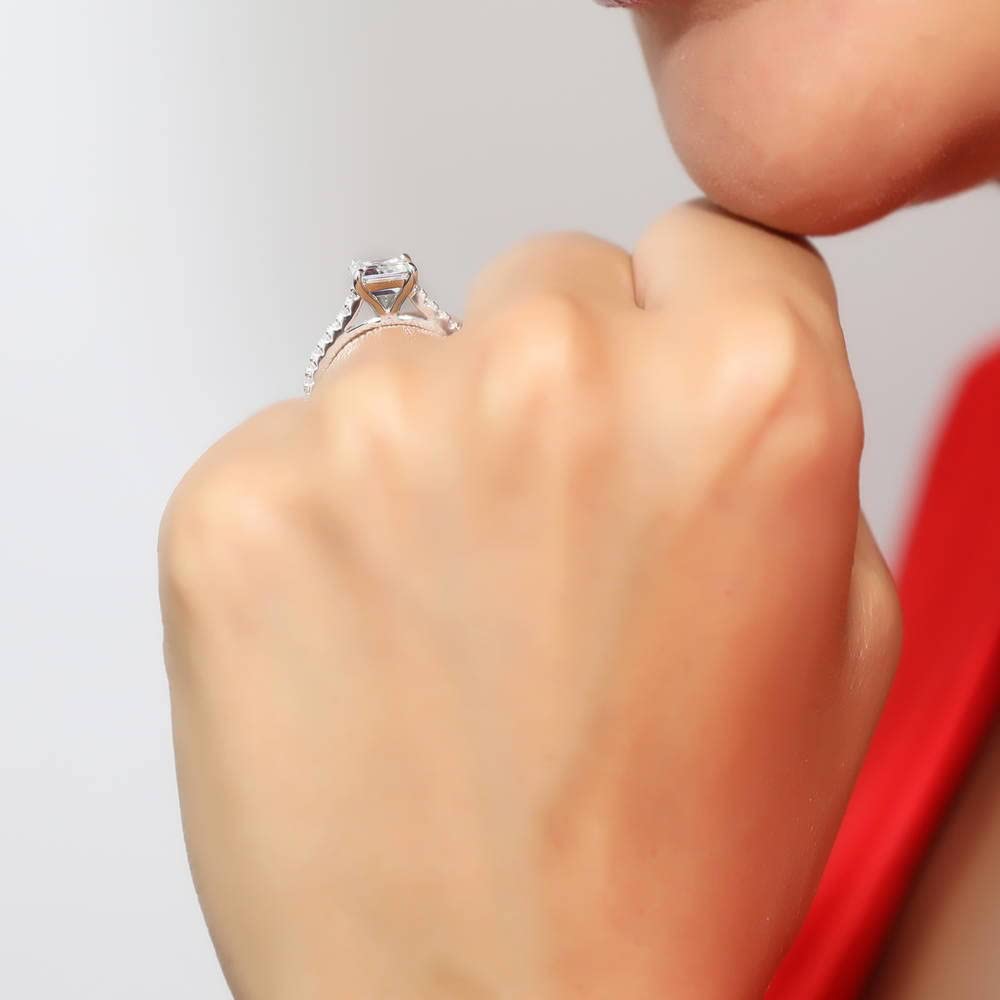 BERRICLE Sterling Silver Solitaire Wedding & Engagement Ring Set - 2.6 Carat Emerald Cut Cubic Zirconia CZ for Women, Rhodium Plated, Size 4-10 - Perfect for Proposals, Anniversaries & Special Occasions