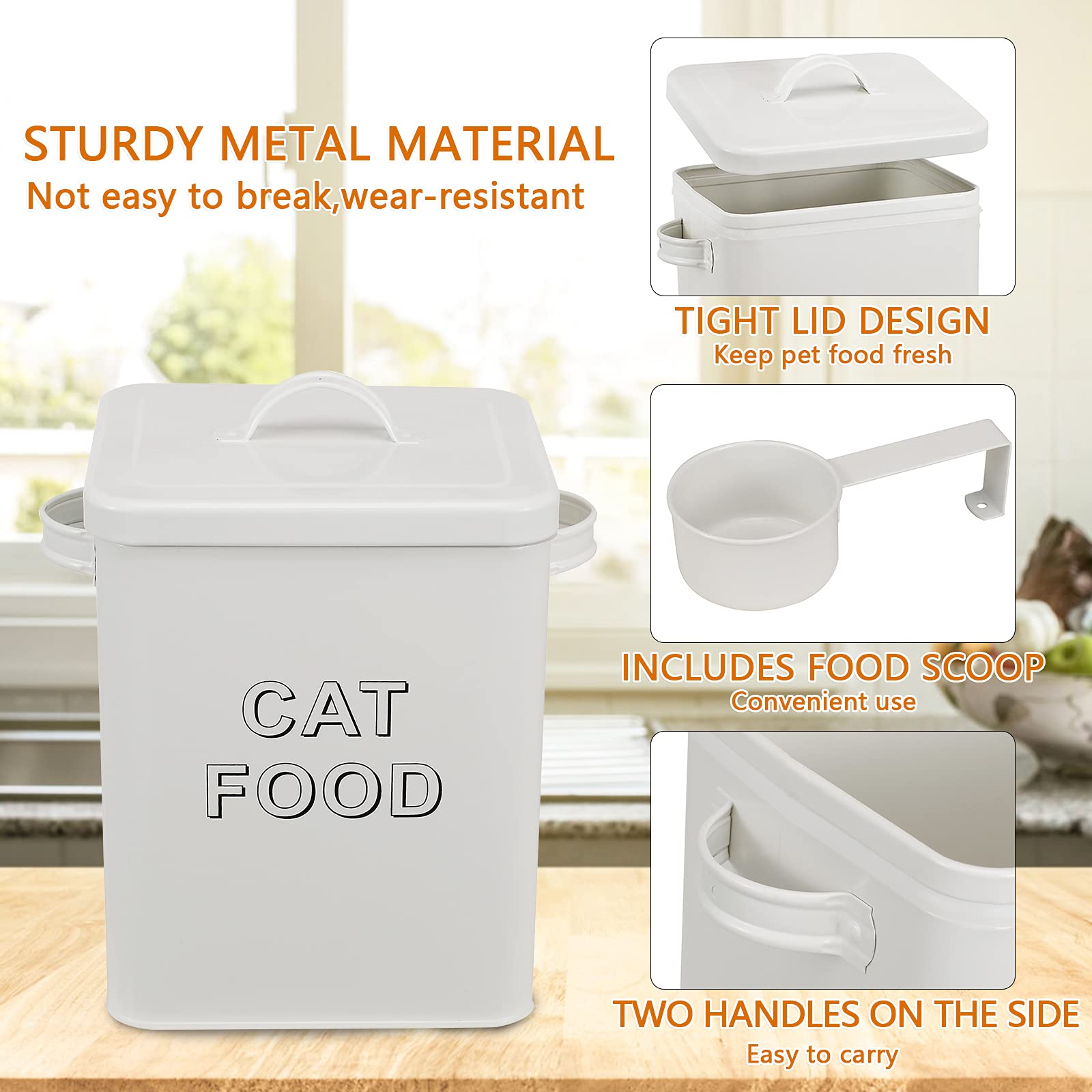 Premium Cat Food and Treat Storage Containers with Scoop - Airtight Wood Lids & Coated Carbon Steel Canisters for Fresh Pet Food - Perfect for Kitchen Pantry or Pet Feeding Station (White)