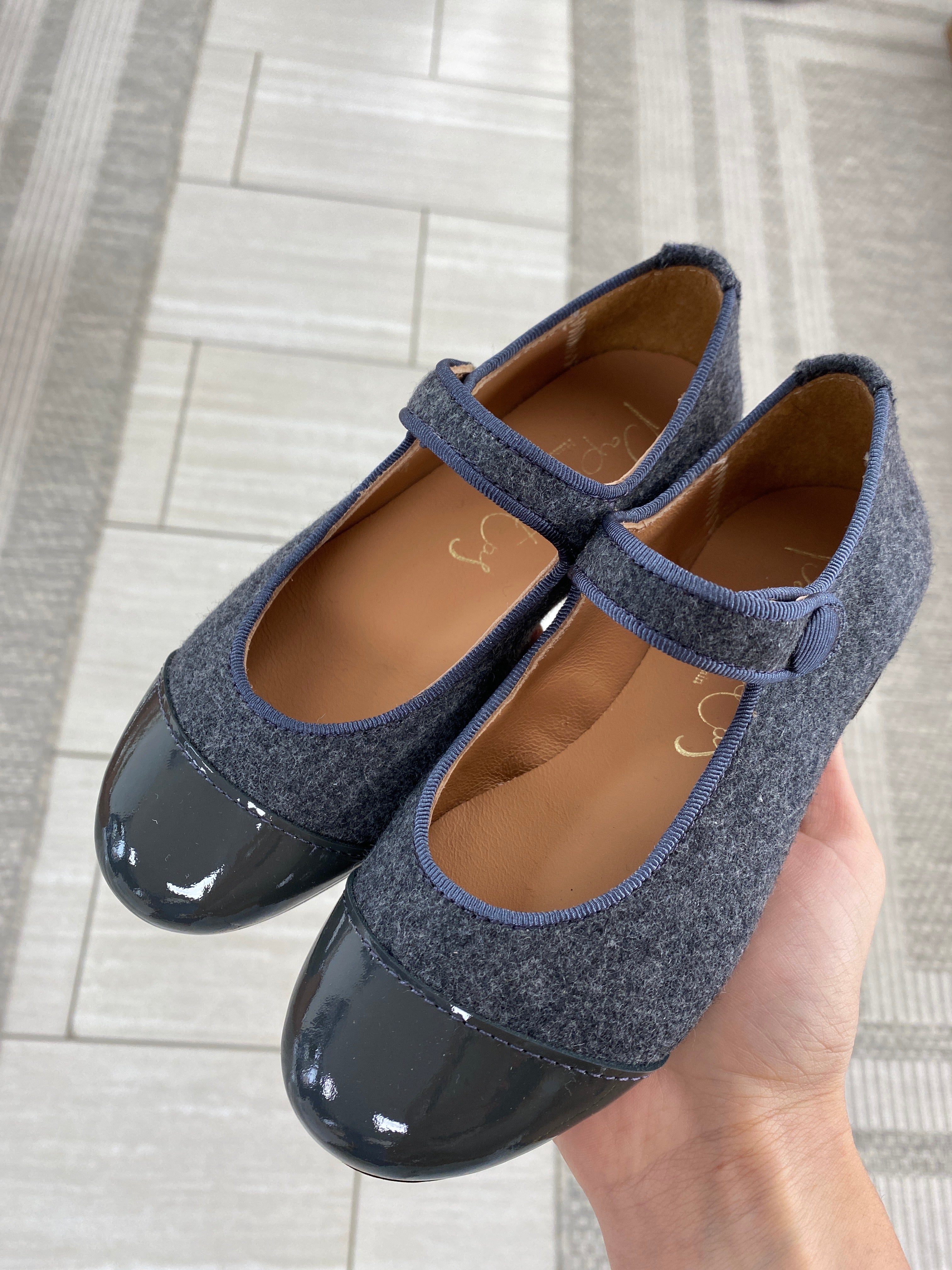 Stylish Gray Wool Captoe Mary Jane Shoes for Women - Comfortable & Elegant Flats for Work, Office, and Casual Wear